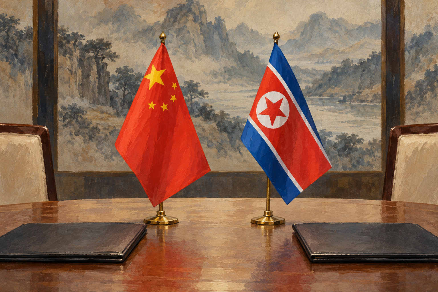 Imagen generada con IA con fines ilustrativos. Coordinación diplomática china con Corea del Norte. Composición conceptual; no muestra una reunión, una decisión documentada ni un hecho real de 2026.