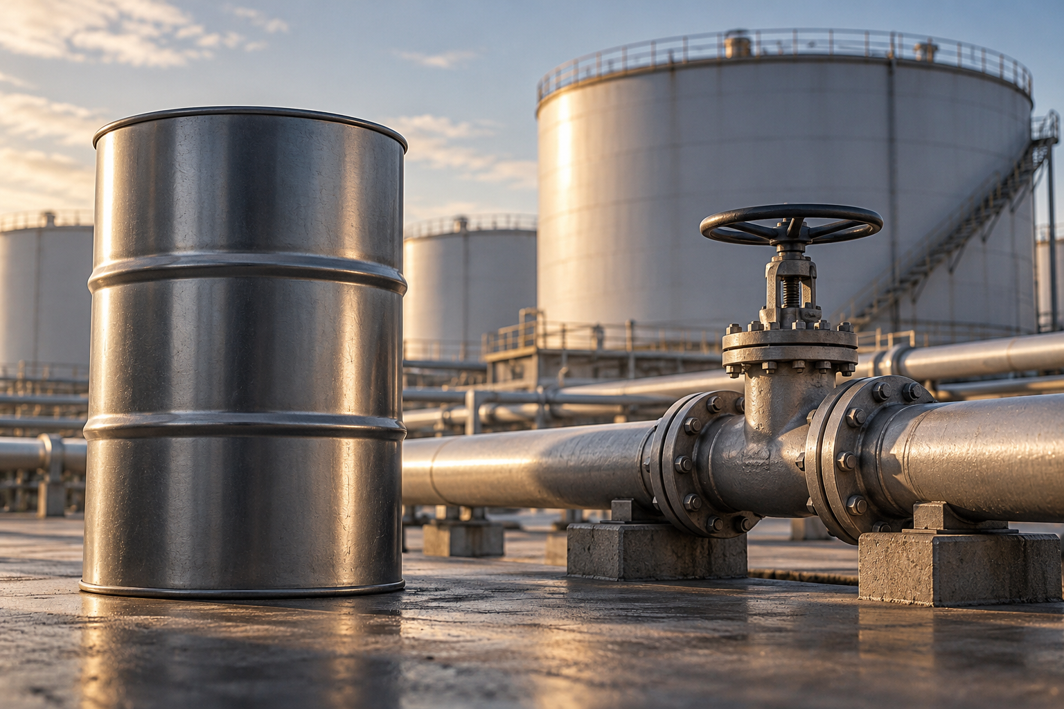 Imagen generada con IA con fines ilustrativos. Barril y depósitos de combustible genéricos como concepto de reservas estratégicas; no muestra instalaciones de India o Emiratos ni una transferencia ejecutada.