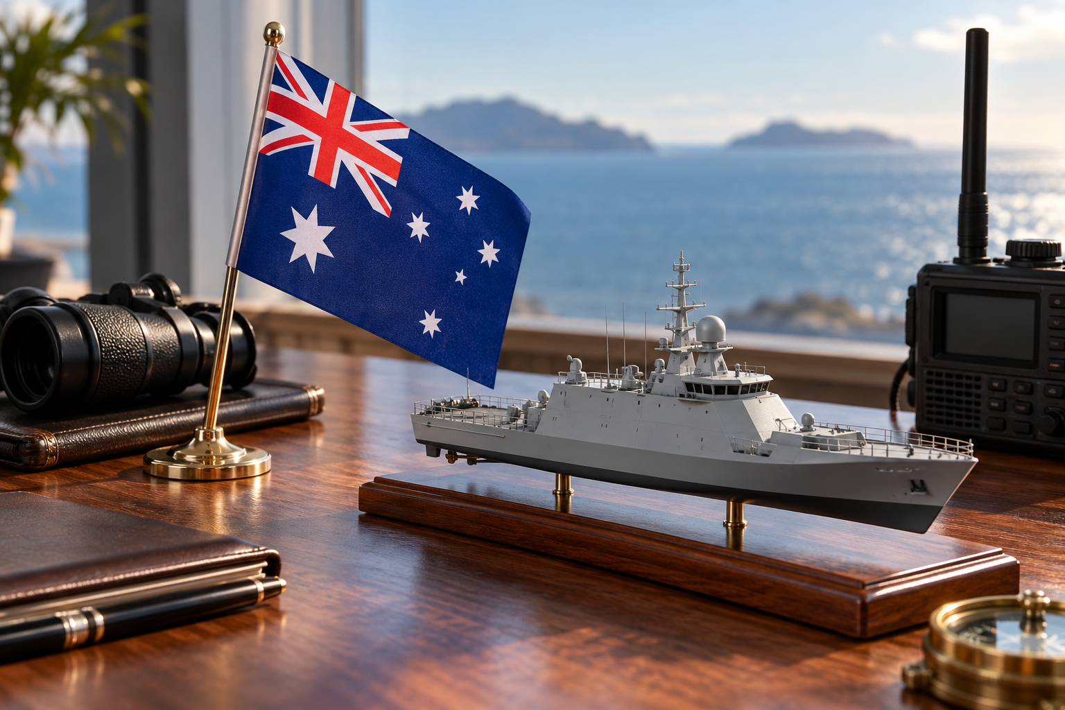 Imagen generada con IA con fines ilustrativos. Bandera australiana, radio y maqueta naval genérica como concepto de planificación de defensa; no muestra equipos adquiridos ni una operación.