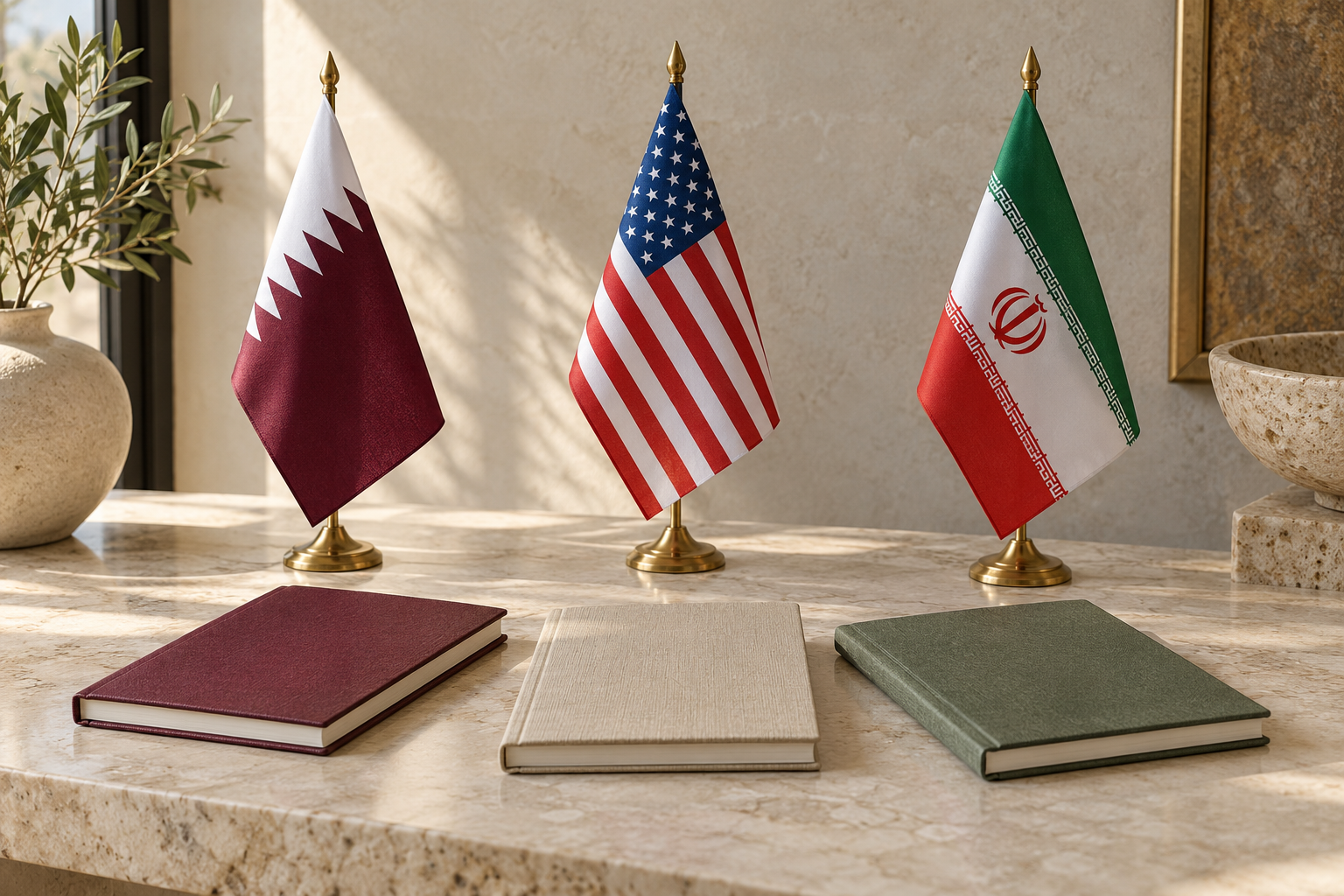 Imagen generada con IA con fines ilustrativos. Banderas de Qatar, Estados Unidos e Irán y cuadernos cerrados como concepto de apoyo diplomático; no muestra la firma del memorando ni verifica un cese de operaciones.