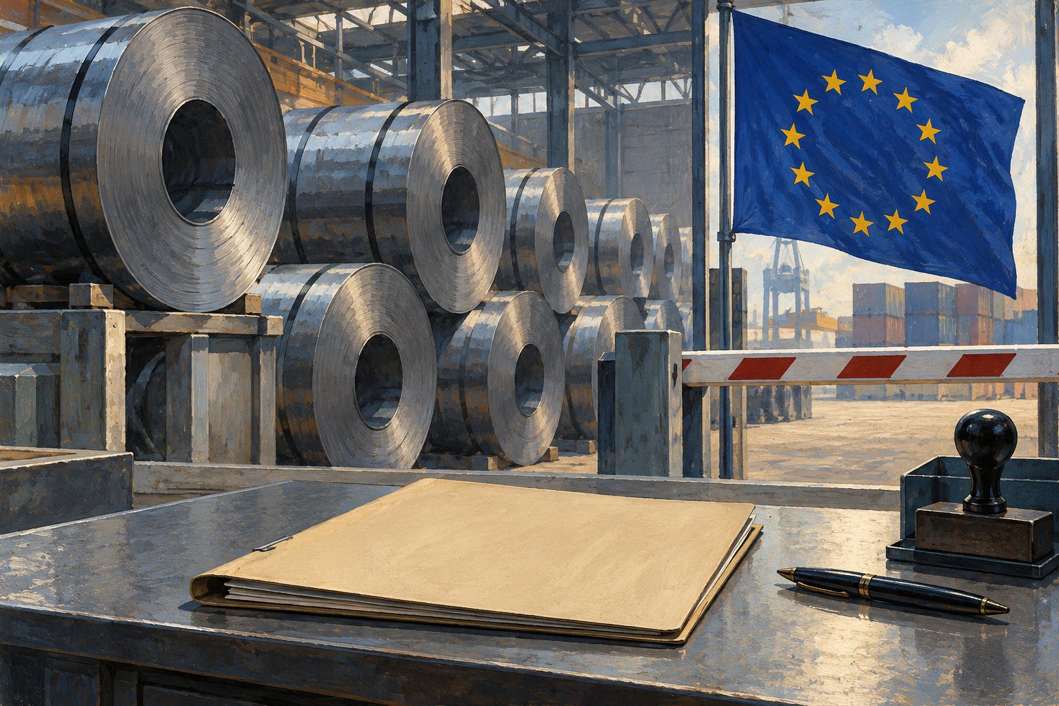 Imagen generada con IA con fines ilustrativos. Cuotas y aranceles europeos para las importaciones de acero. Composición conceptual; no reconstruye una reunión, un documento firmado ni una operación real.