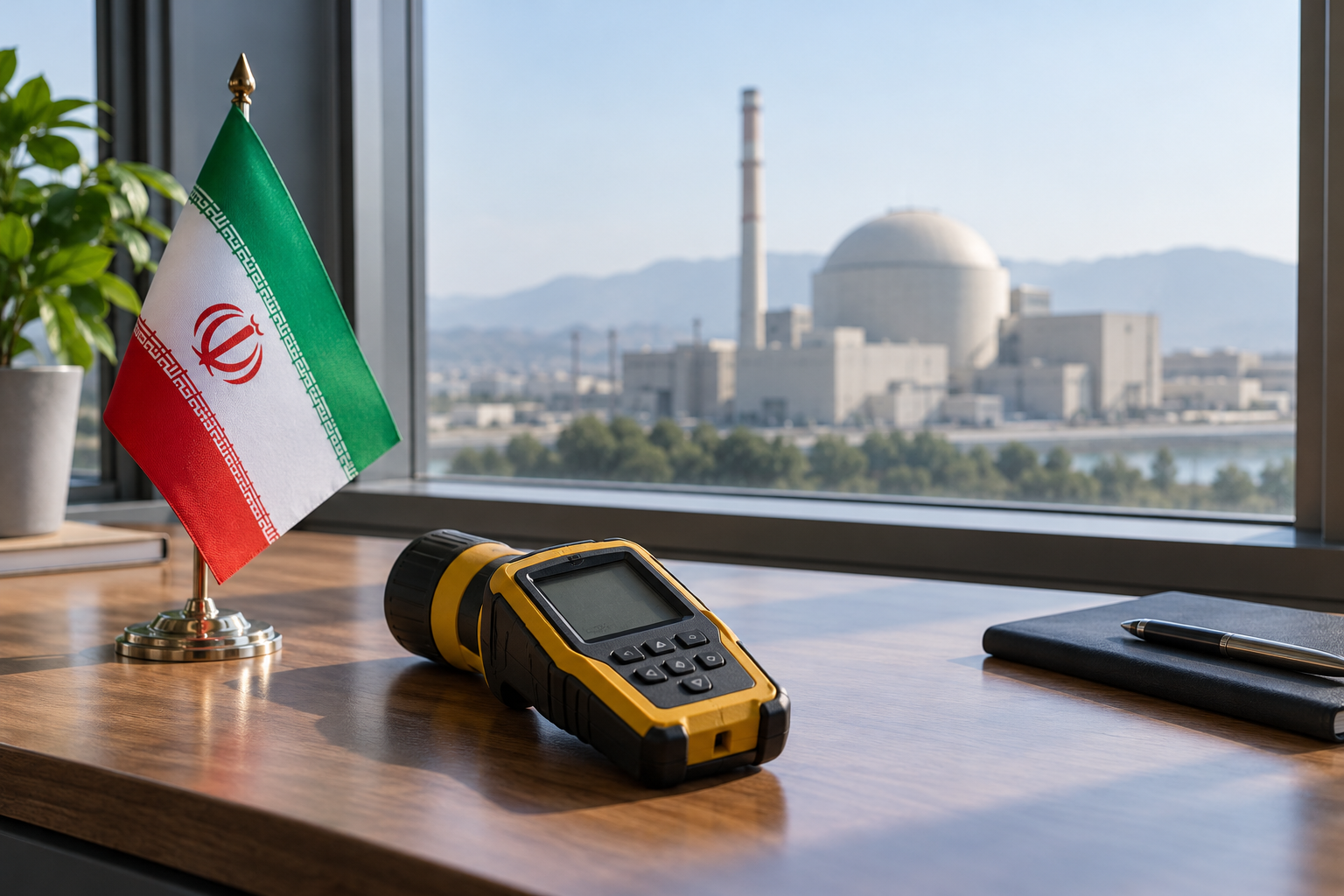 Imagen generada con IA con fines ilustrativos. Medidor genérico de radiación y bandera iraní como contexto de seguridad nuclear; no muestra Bushehr, el impacto comunicado, daños ni una medición real.