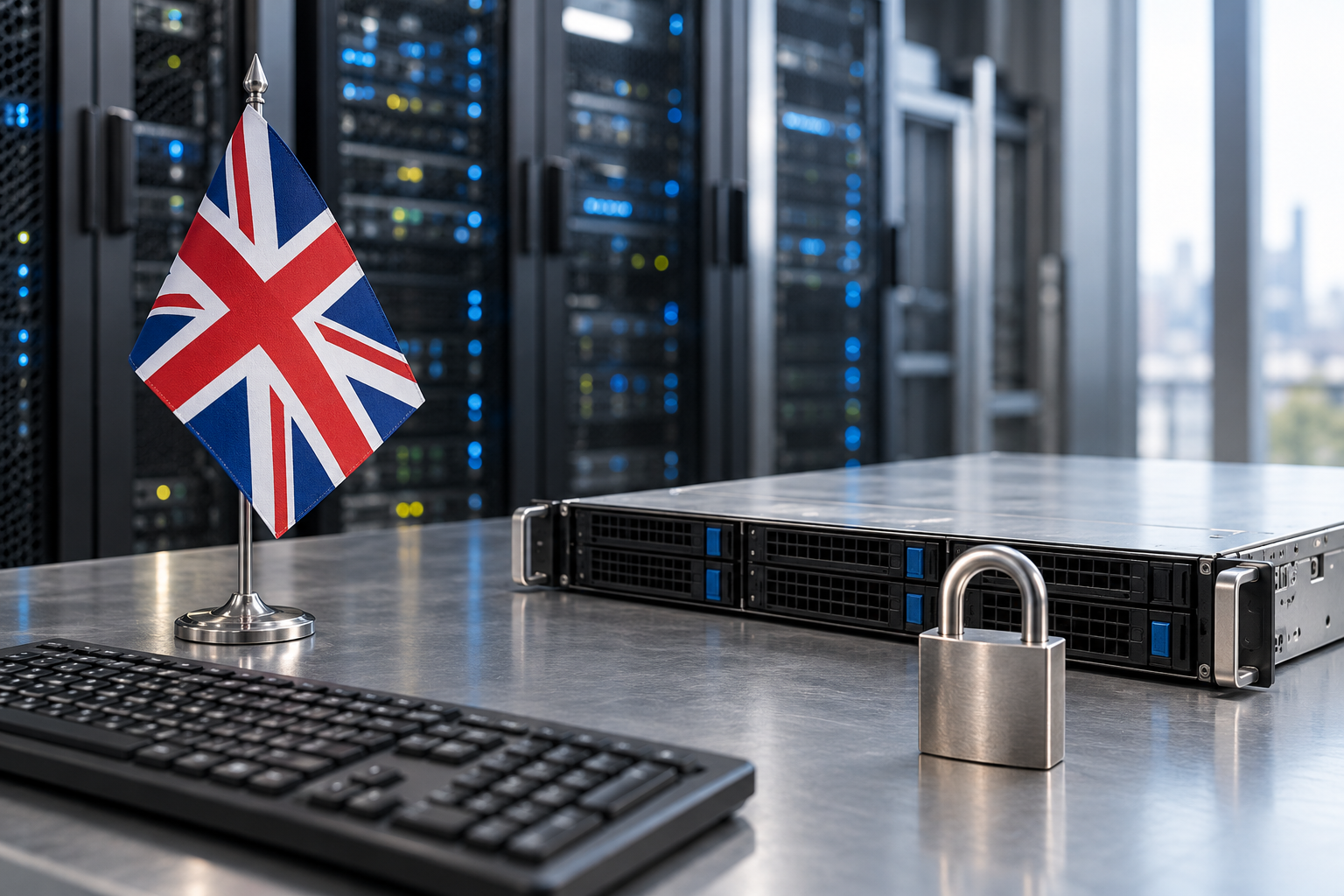 Imagen generada con IA con fines ilustrativos. Bandera británica, componente informático y candado como concepto de seguridad y ciberdefensa; no representa una instalación, un ataque ni una partida ejecutada.