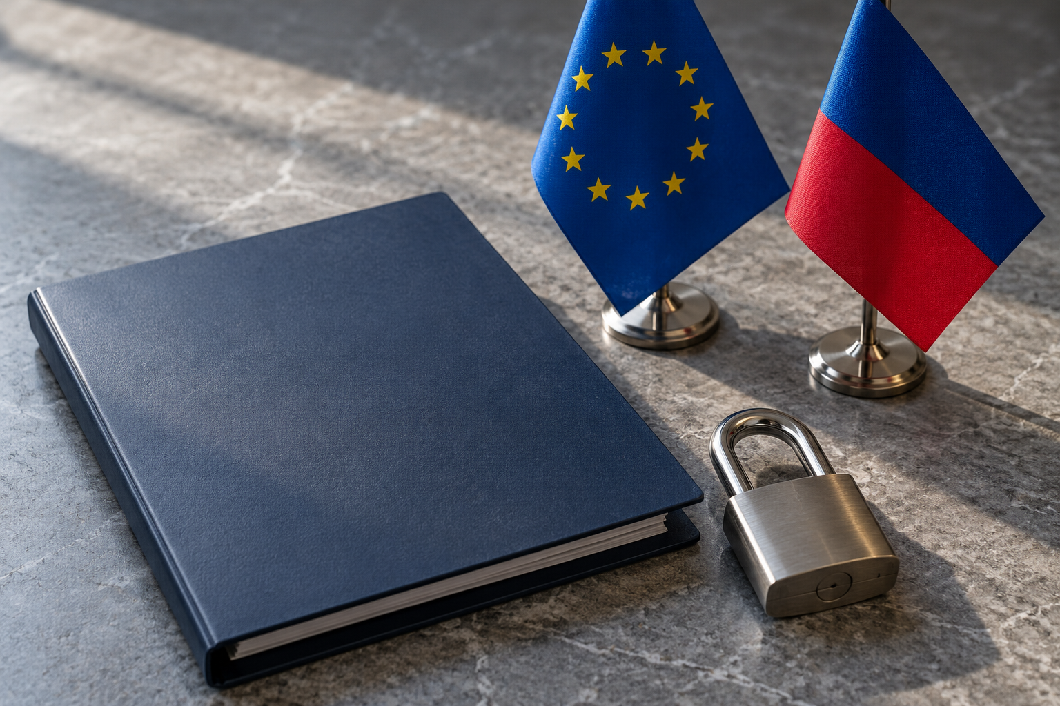 Imagen generada con IA con fines ilustrativos. Banderas europea y haitiana, candado y carpeta bancaria sin texto como concepto de restricciones; no identifica personas sancionadas ni acredita conductas.