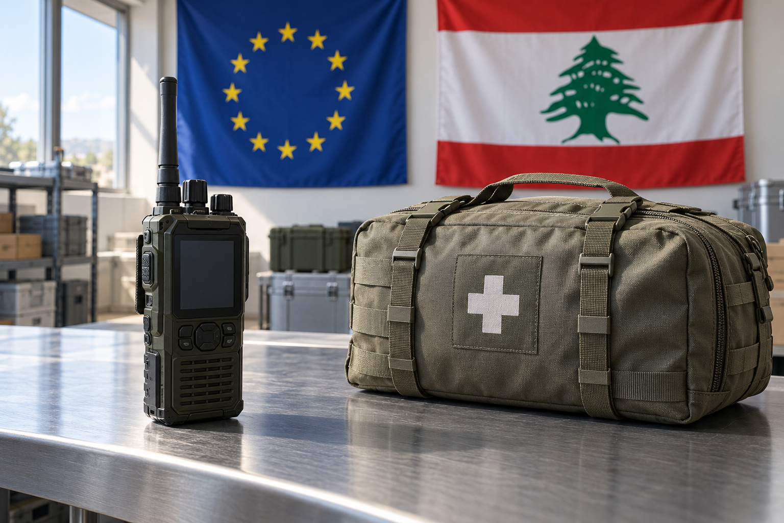 Imagen generada con IA con fines ilustrativos. Radio de comunicaciones y bolsa de suministros médicos genéricas con banderas europea y libanesa; no muestra equipos entregados ni una operación militar.