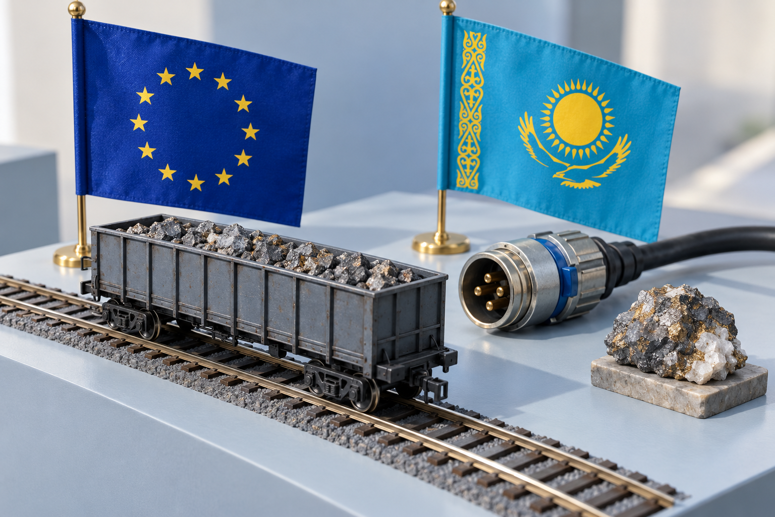 Imagen generada con IA con fines ilustrativos. Banderas europea y kazaja, vagón en miniatura, conector eléctrico y muestra mineral como concepto de conectividad; no muestra infraestructura real ni inversiones ejecutadas.