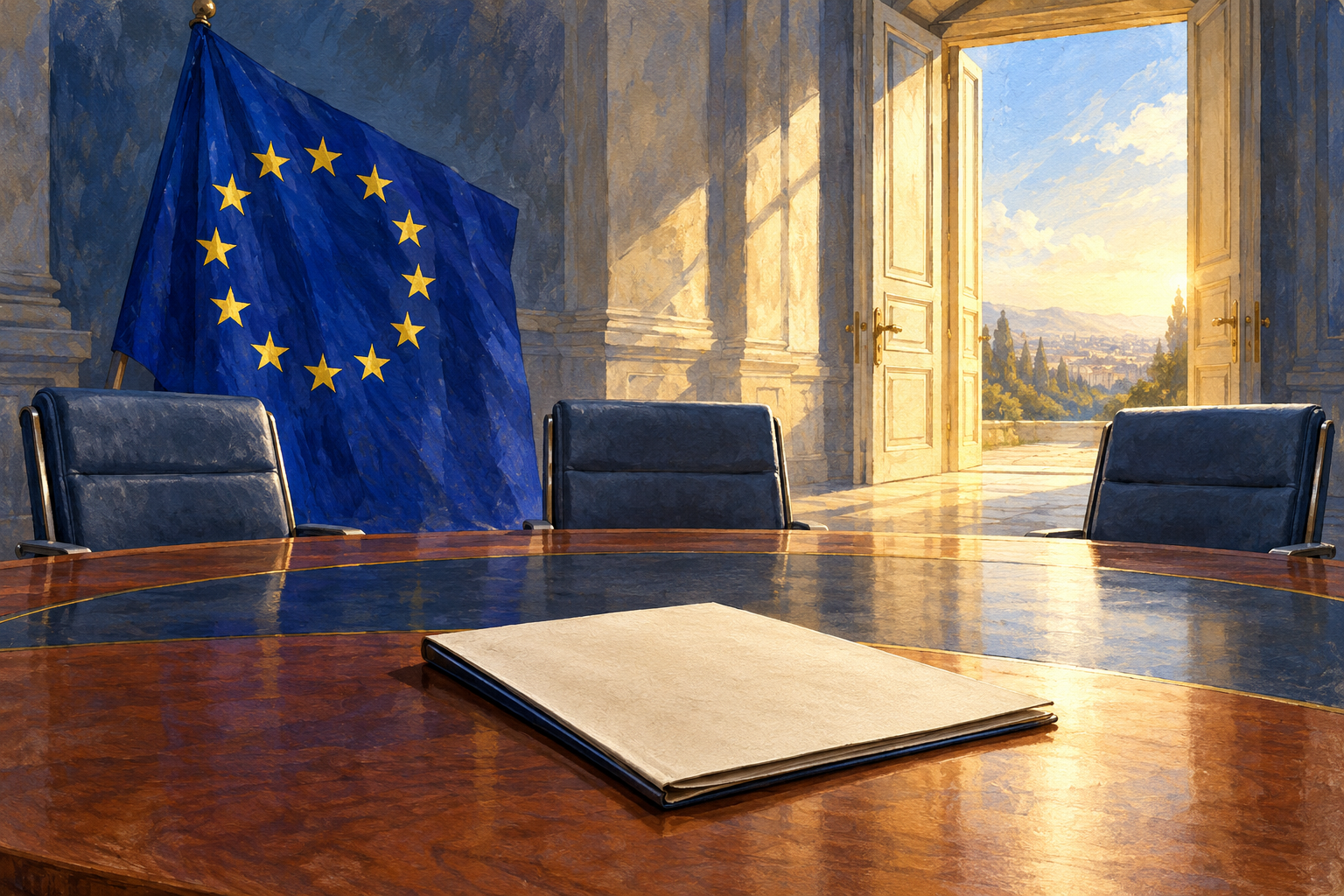 Imagen generada con IA con fines ilustrativos. Negociación de adhesión de Montenegro a la Unión Europea. Composición conceptual; no muestra una reunión, una decisión documentada ni un hecho real de 2026.