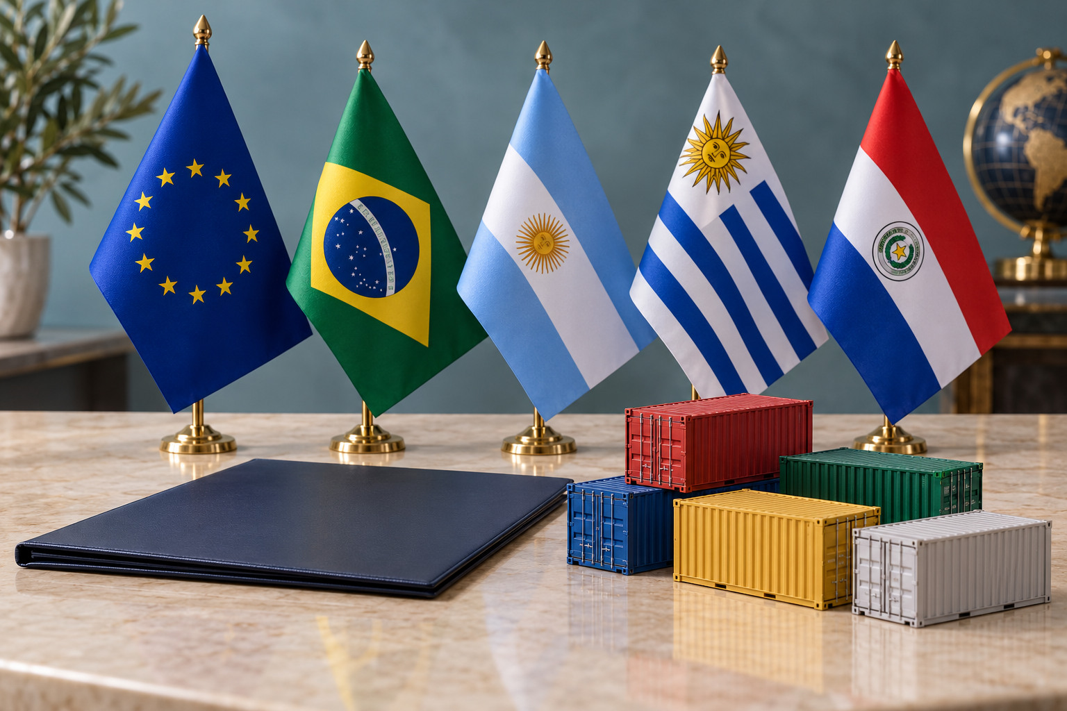 Imagen generada con IA con fines ilustrativos. Bandera europea y banderas de Brasil, Argentina, Uruguay y Paraguay con contenedores en miniatura y carpeta cerrada; no representa la firma ni efectos comerciales observados.