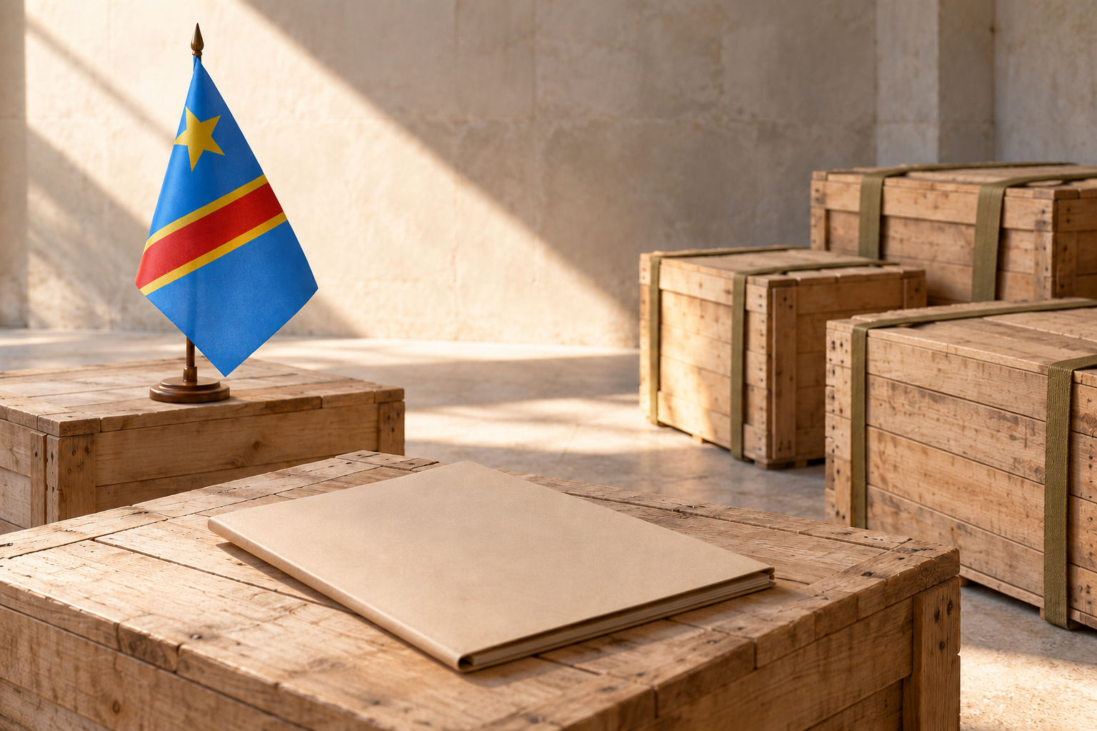Imagen generada con IA con fines ilustrativos. Bandera congoleña, cajas de suministros sin marcas y carpeta cerrada como concepto de acceso humanitario y mediación; no muestra una entrega real ni un acuerdo cumplido.