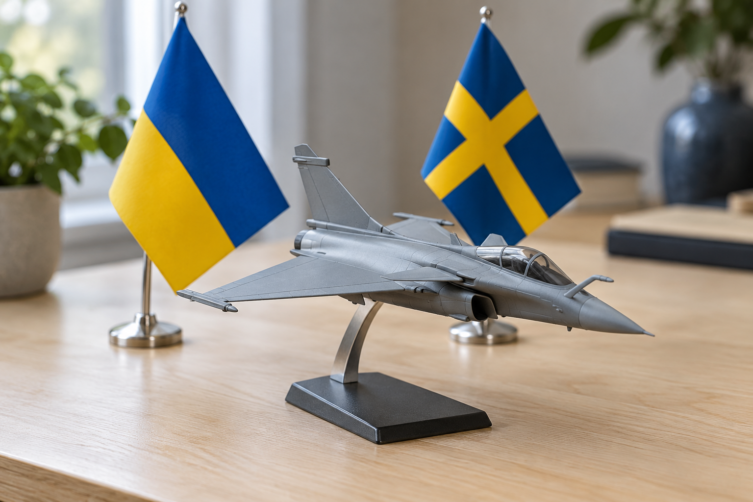 Imagen generada con IA con fines ilustrativos. Banderas ucraniana y sueca y maqueta genérica de avión con ala delta; no muestra un Gripen real, una entrega ni un despliegue.