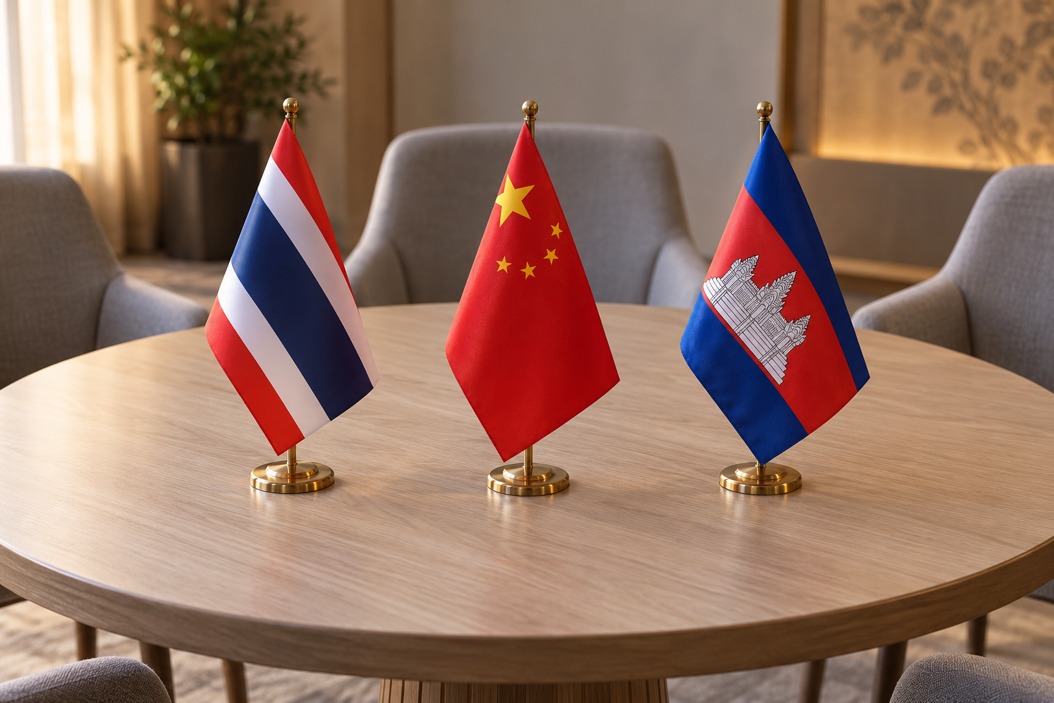 Imagen generada con IA con fines ilustrativos. Banderas de China, Tailandia y Camboya alrededor de una mesa vacía; no representa una reunión real ni un acuerdo fronterizo.