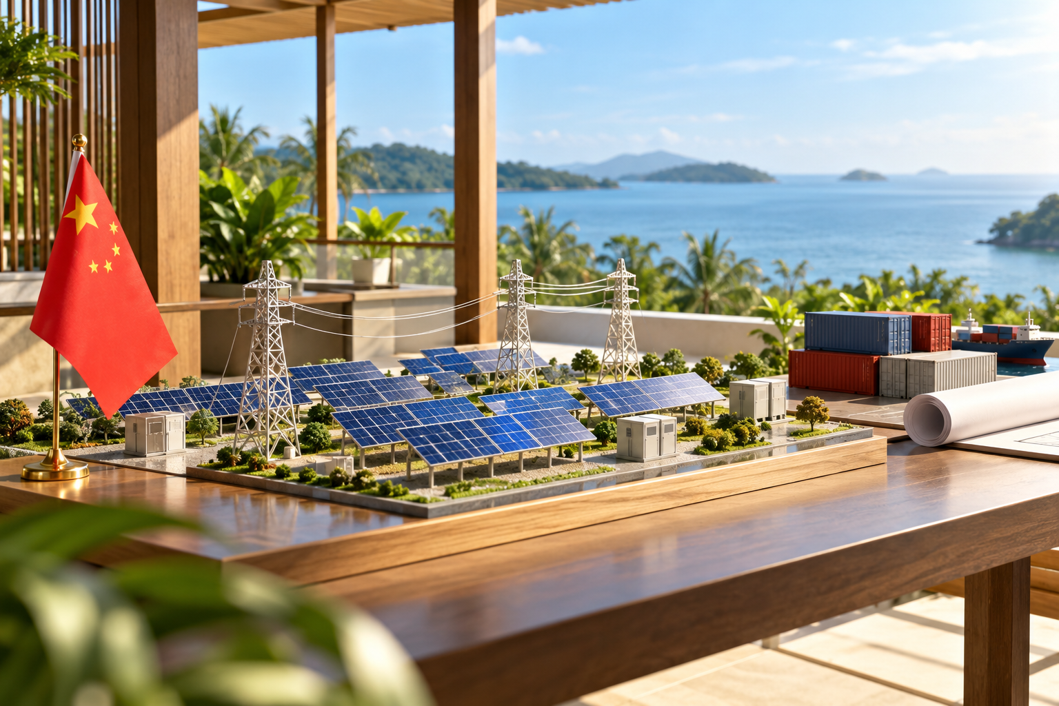 Imagen generada con IA con fines ilustrativos. Bandera china y modelos de paneles solares, red eléctrica y contenedores como concepto de cooperación energética regional; no muestra una instalación ni un proyecto de la ASEAN ejecutado.