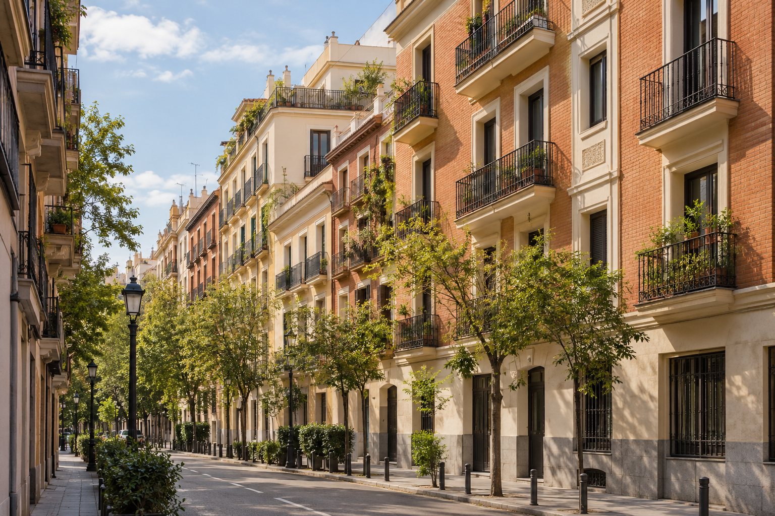 Imagen generada con IA con fines ilustrativos. Edificios residenciales genéricos; no muestra una dirección ni una promoción inmobiliaria real.