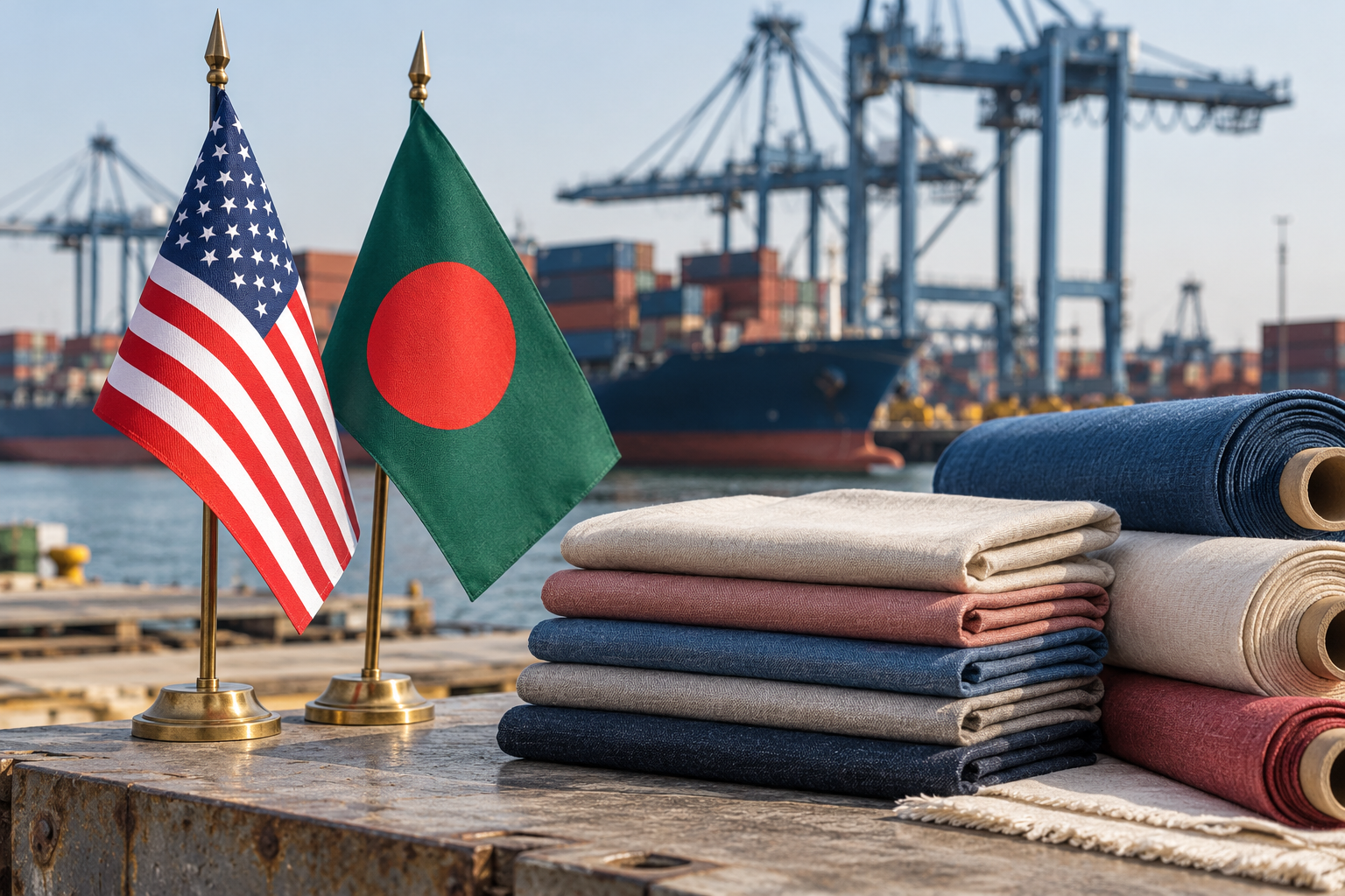 Imagen generada con IA con fines ilustrativos. Banderas de Estados Unidos y Bangladesh junto a tejidos y contenedores genéricos como contexto del acuerdo comercial; no muestra un envío ni prueba la aplicación de aranceles.