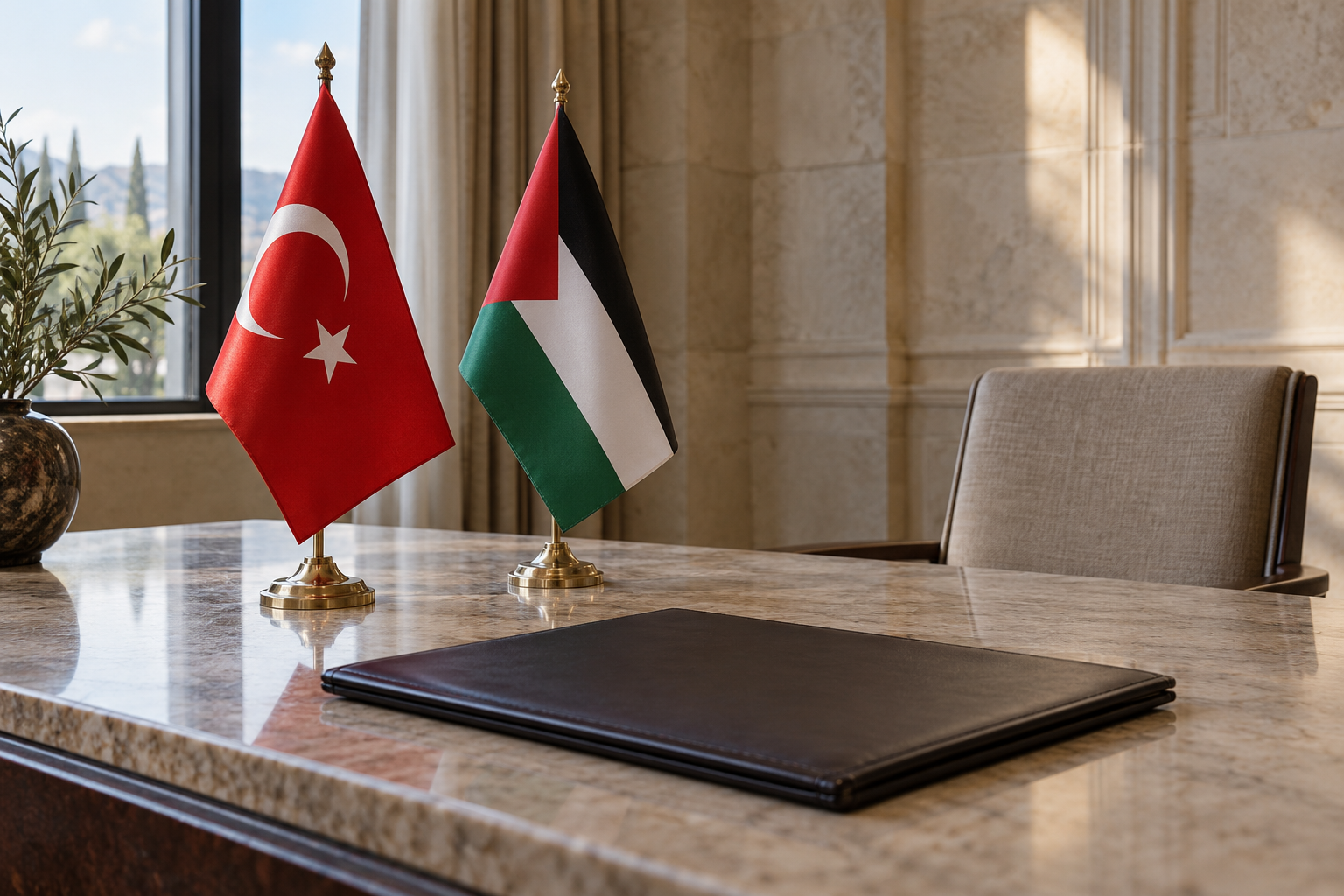 Imagen generada con IA con fines ilustrativos. Banderas turca y palestina junto a una carpeta diplomática cerrada como contexto del pronunciamiento sobre Gaza; no representa una reunión, un ataque ni una frontera.