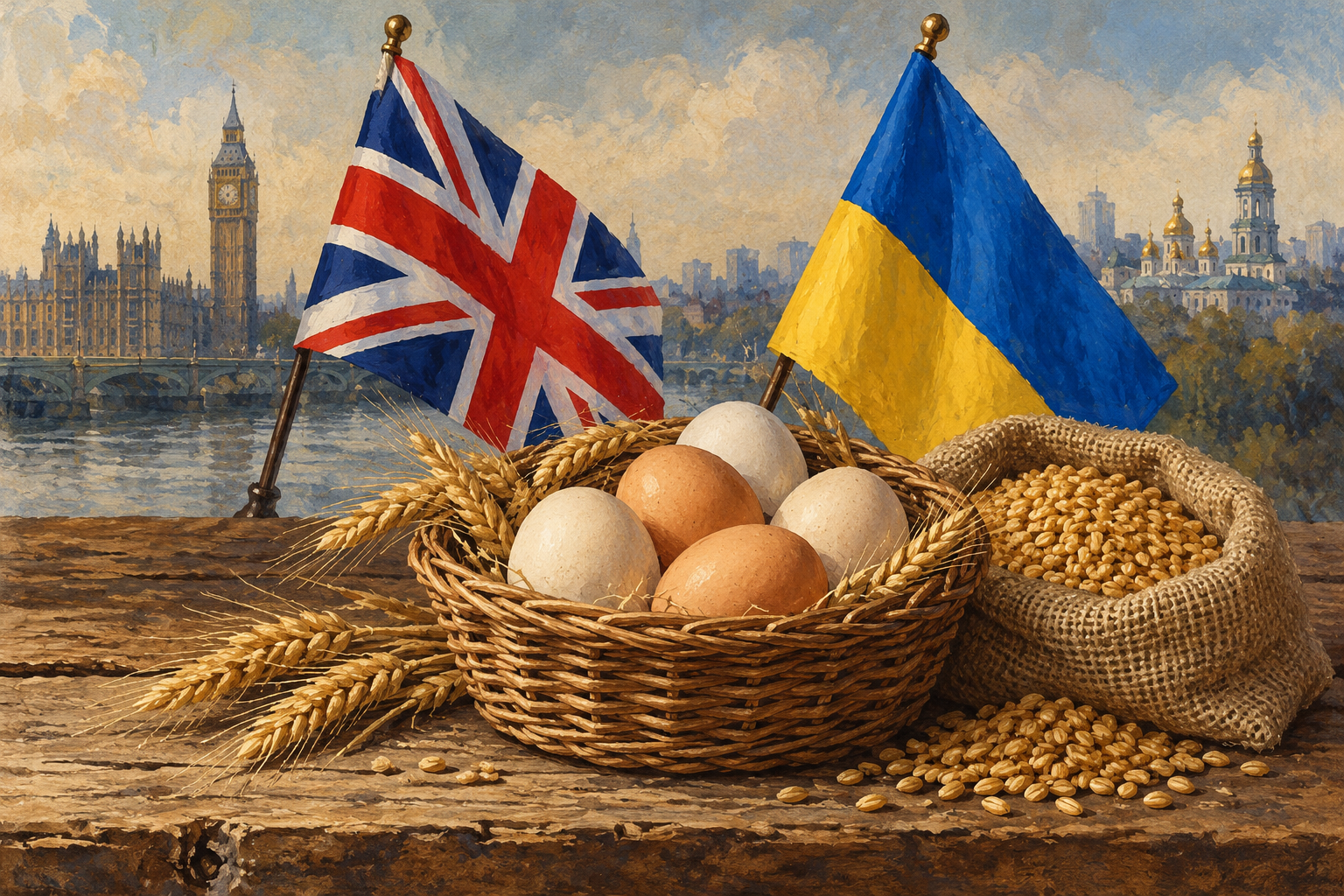 Imagen generada con IA con fines ilustrativos. Concepto de comercio agroalimentario entre Reino Unido y Ucrania; no muestra cargamentos beneficiados por el acuerdo.