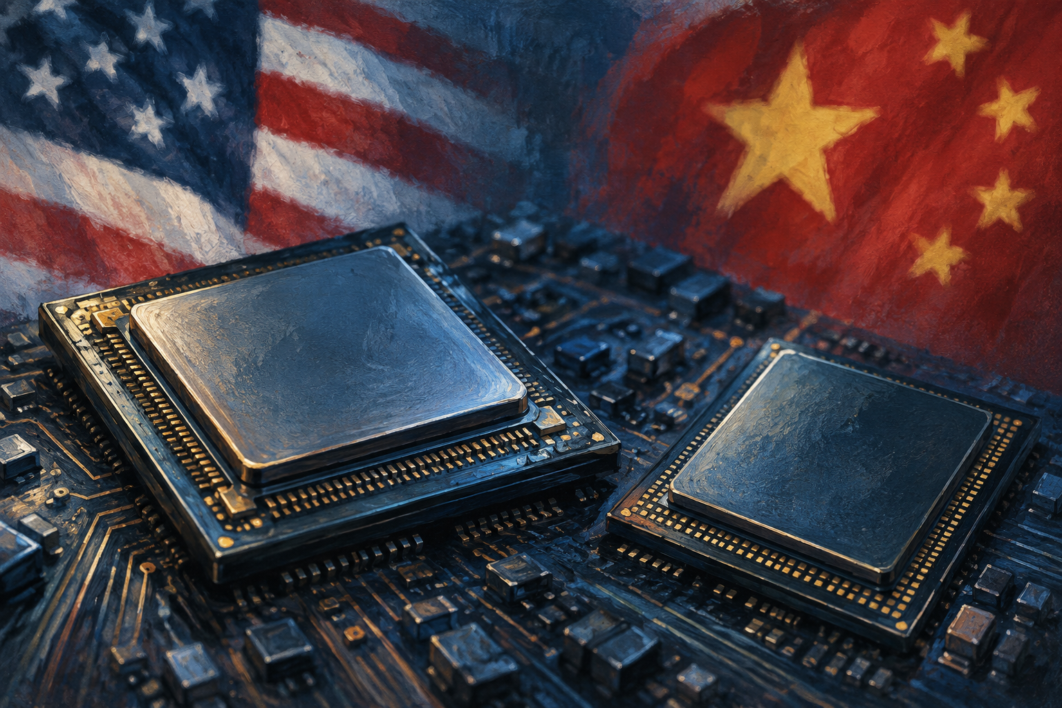 Imagen generada con IA con fines ilustrativos. Controles estadounidenses de exportación de tecnología de semiconductores a China. Composición conceptual; no muestra una reunión, una decisión documentada ni un hecho real de 2026.