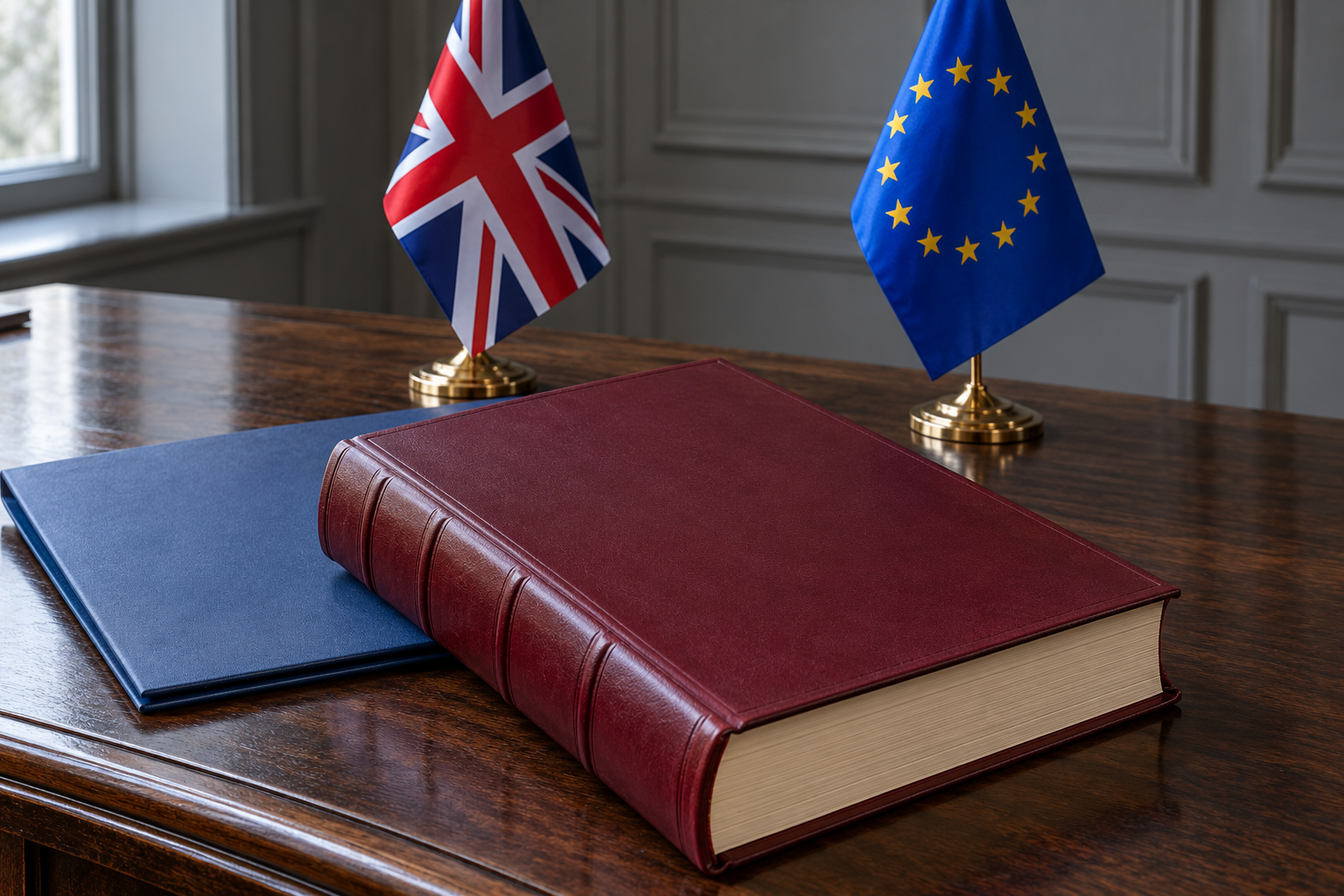 Imagen generada con IA con fines ilustrativos. Banderas británica y europea, libro jurídico sin título y carpeta cerrada como concepto de cooperación legislativa; no reproduce la ley anunciada ni una sesión parlamentaria.