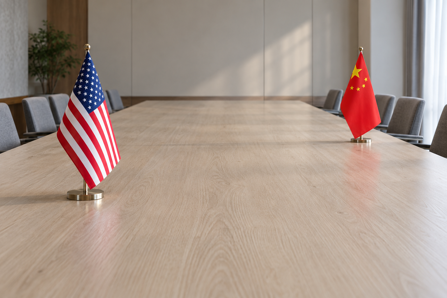 Imagen generada con IA con fines ilustrativos. Mesa de negociación vacía y banderas de Estados Unidos y China como concepto de diálogo estratégico; no muestra a Xi o Trump ni representa una reunión real o una frontera territorial.