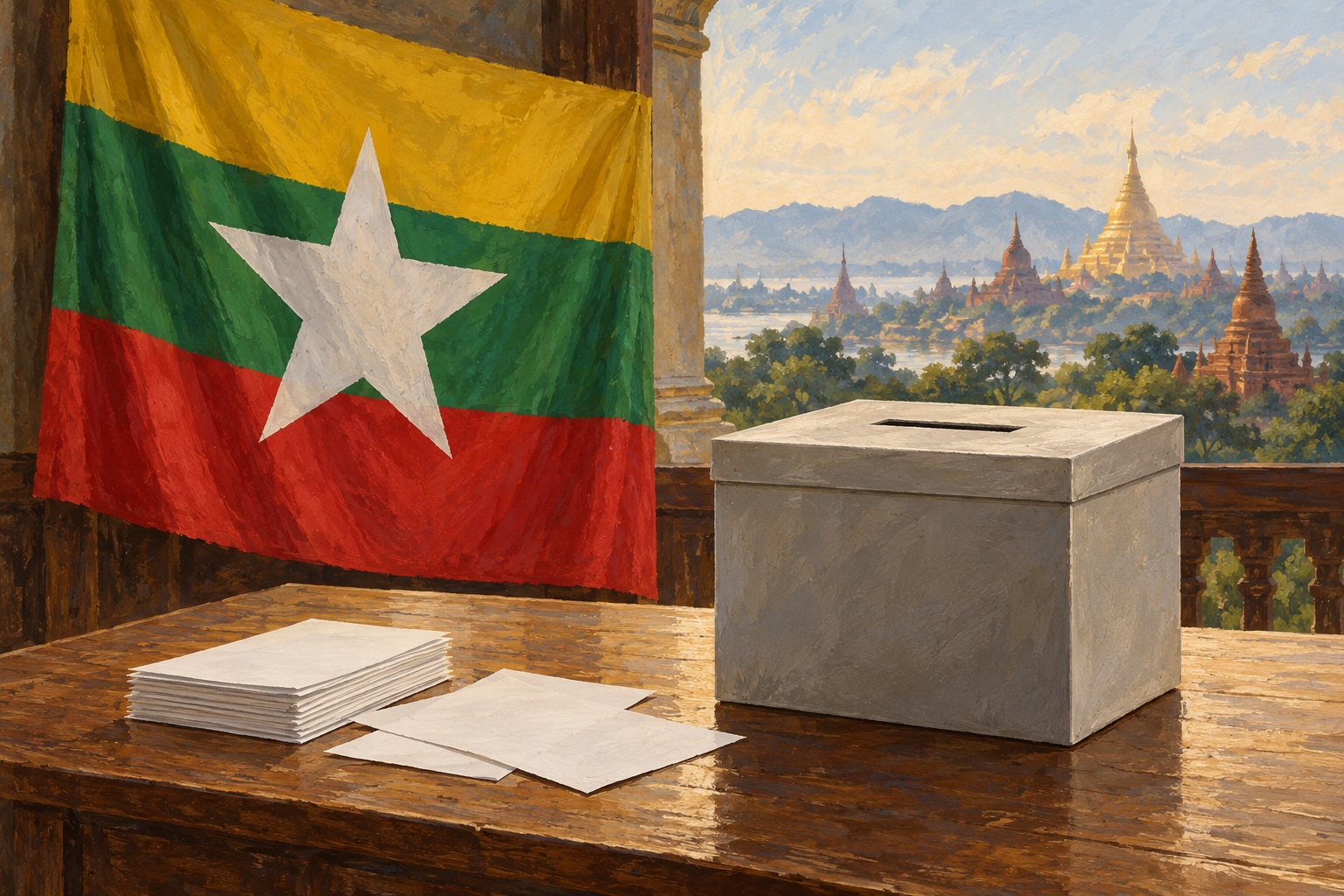 Imagen generada con IA con fines ilustrativos. Debate sobre la legitimidad democrática de las elecciones de Myanmar. Composición conceptual; no reconstruye una reunión, un documento firmado ni una operación real.