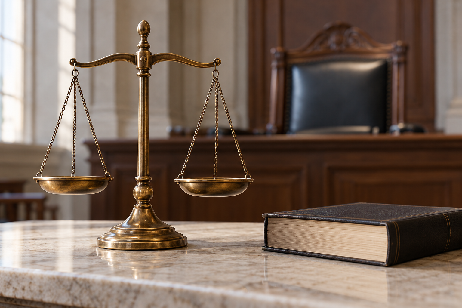 Imagen generada con IA con fines ilustrativos. Balanza y libro jurídico en un entorno judicial genérico como concepto de política penal; no representa una sala israelí, una ejecución ni a personas detenidas.