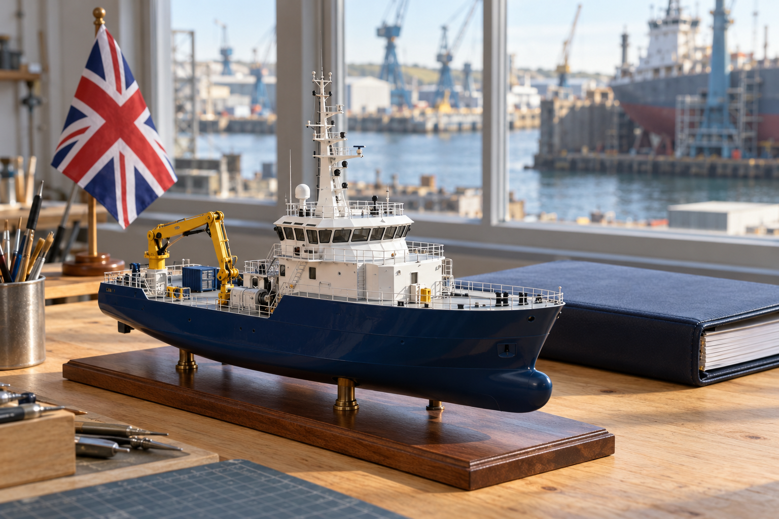 Imagen generada con IA con fines ilustrativos. Bandera británica y maqueta de buque civil de investigación en un taller genérico; no muestra una nave contratada ni una obra iniciada.