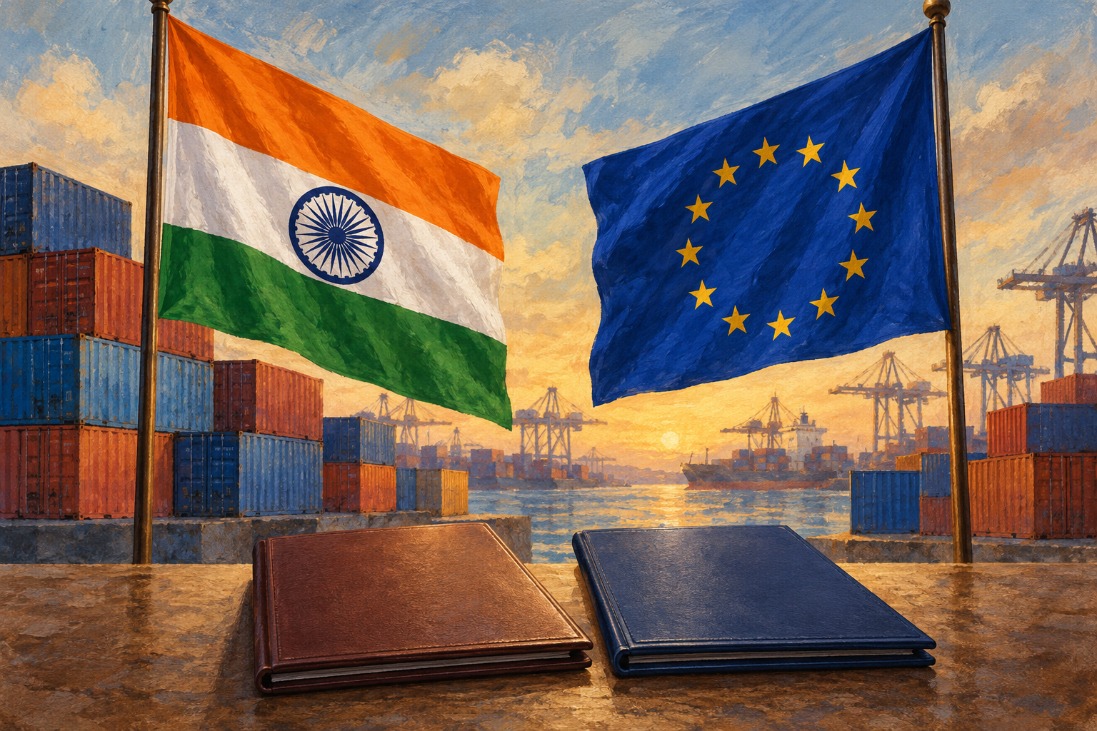 Imagen generada con IA con fines ilustrativos. Concepto de cooperación comercial entre India y la Unión Europea; no representa la firma ni la aplicación del acuerdo.