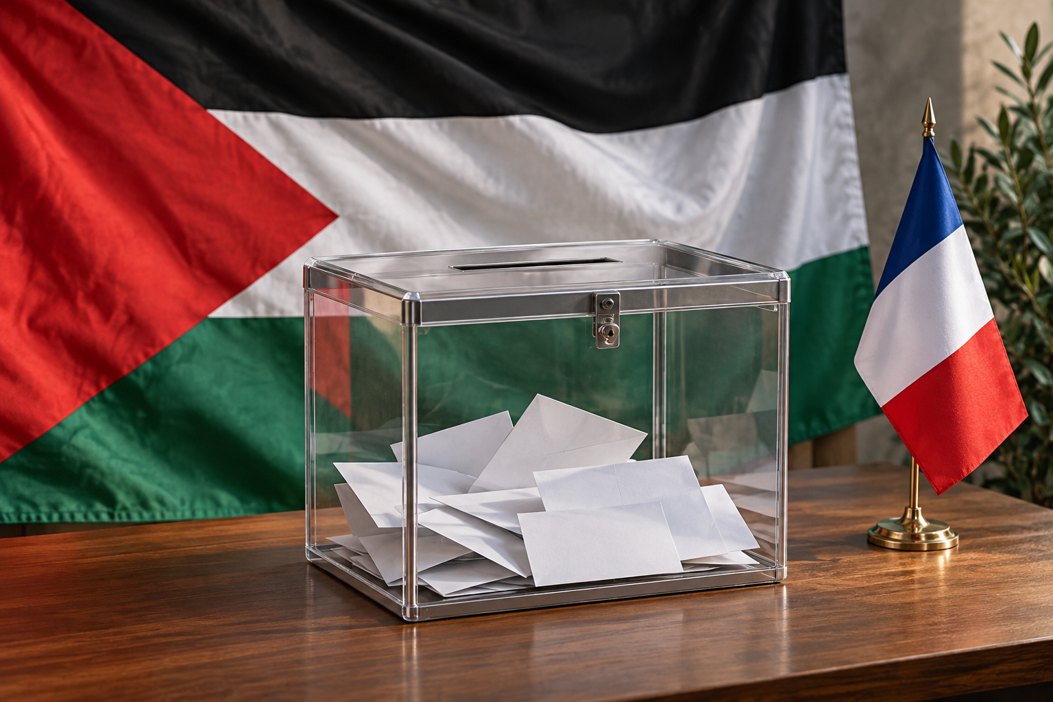 Imagen generada con IA con fines ilustrativos. Urna y banderas palestina y francesa en una escena conceptual; no muestra una votación real.