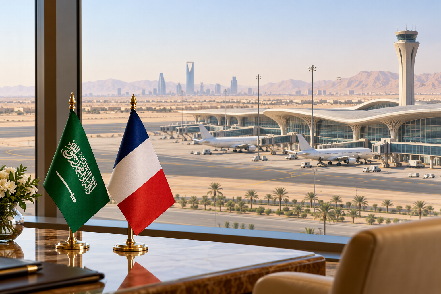 Imagen generada con IA con fines ilustrativos. Aeropuerto genérico y banderas saudita y francesa como contexto diplomático; no representa el aeropuerto real ni el ataque.