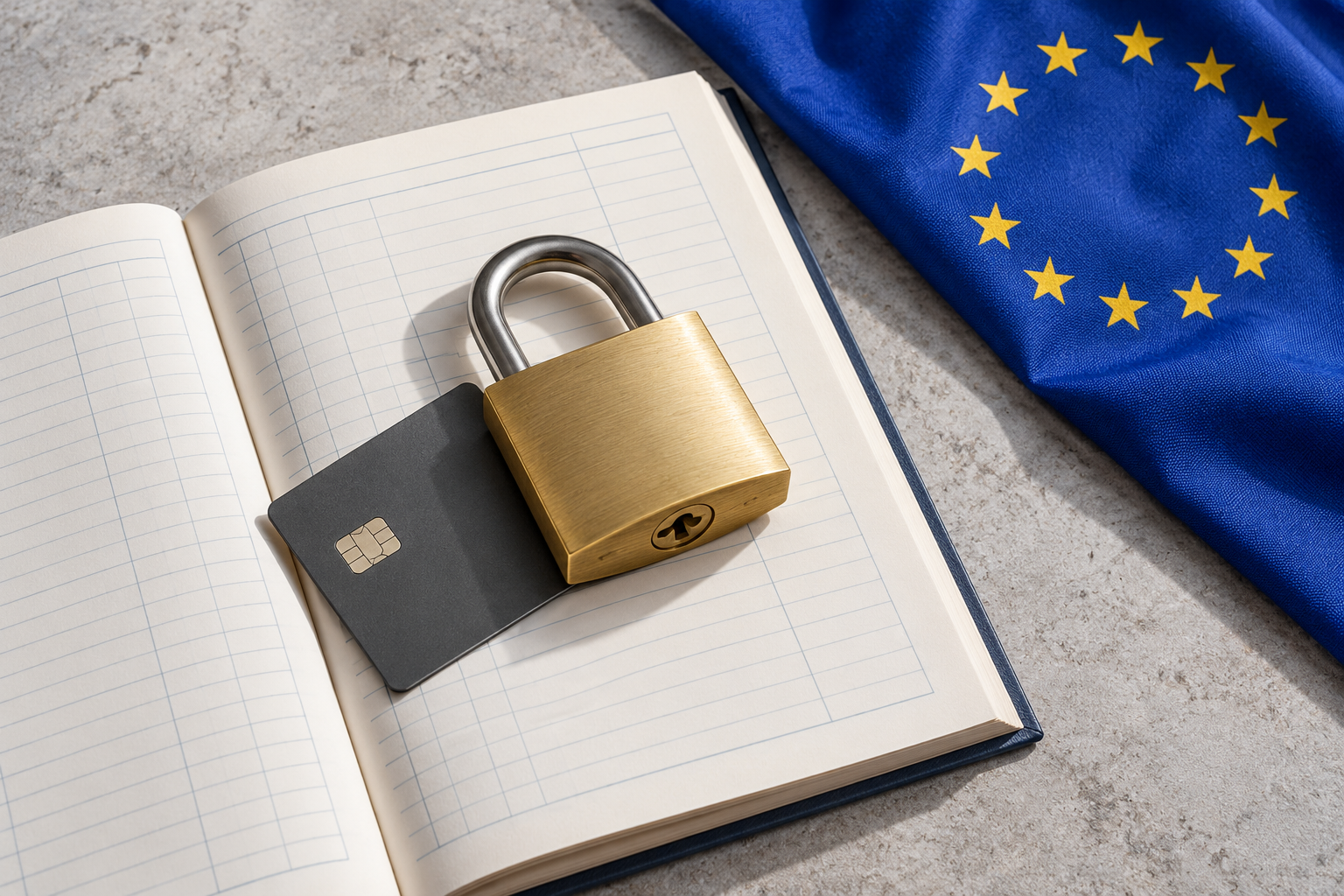 Imagen generada con IA con fines ilustrativos. Bandera europea, candado y libro contable sin datos como concepto de sanciones; no representa a las personas designadas ni demuestra las actuaciones que se les atribuyen.
