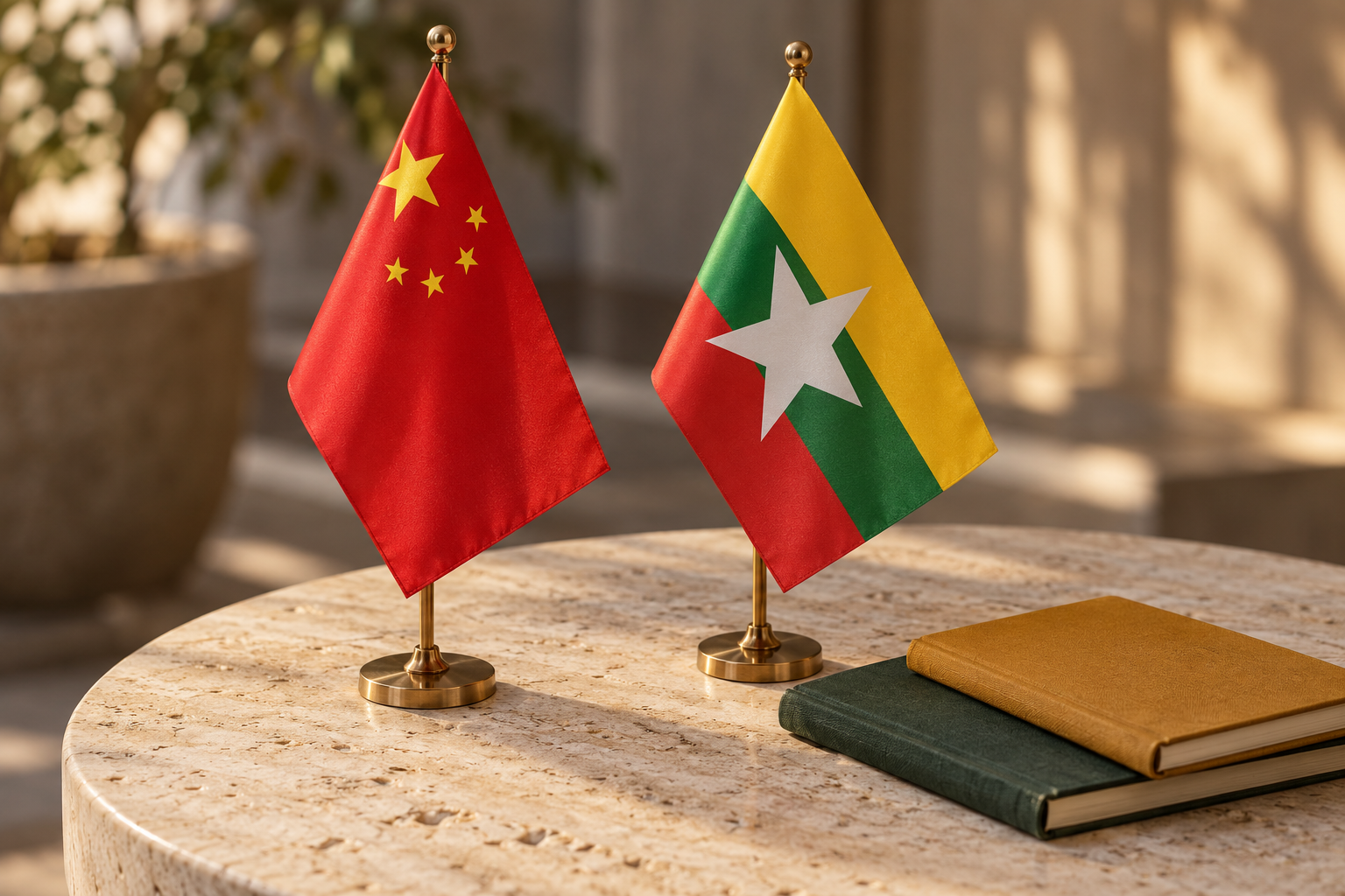 Imagen generada con IA con fines ilustrativos. Banderas de China y Myanmar y cuadernos cerrados sobre una mesa genérica; no representa la reunión ni un pacto firmado.