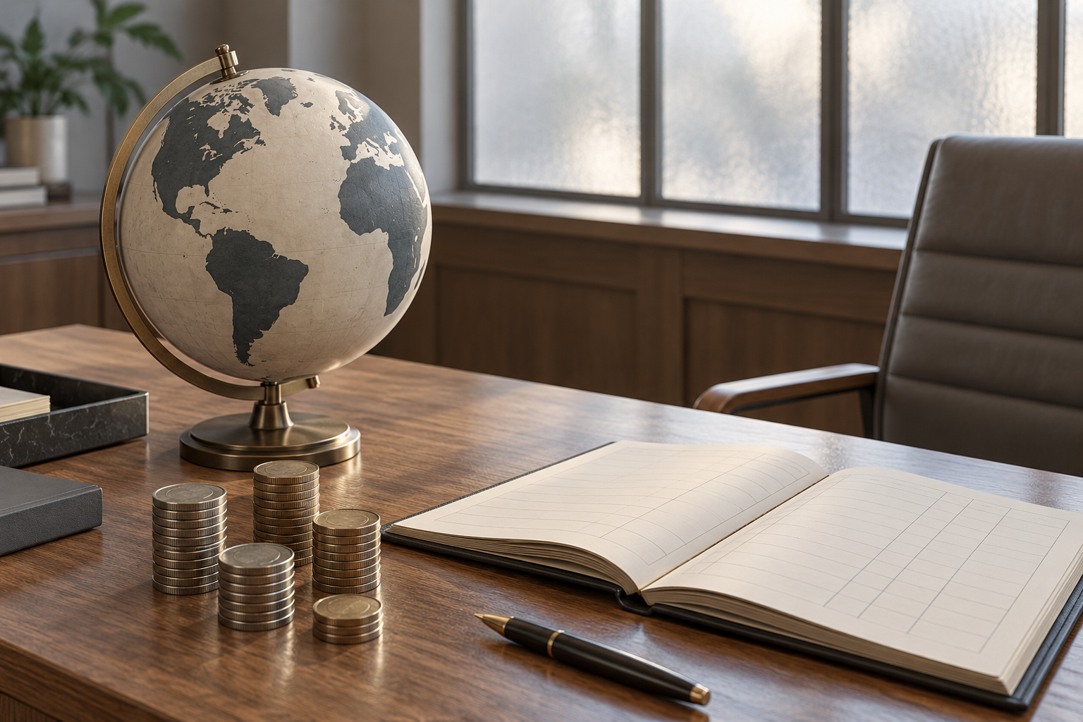 Imagen generada con IA con fines ilustrativos. Globo sin fronteras, monedas sin denominación y libro contable vacío como concepto de financiación del desarrollo; no representa un banco, montos ni compromisos ejecutados.