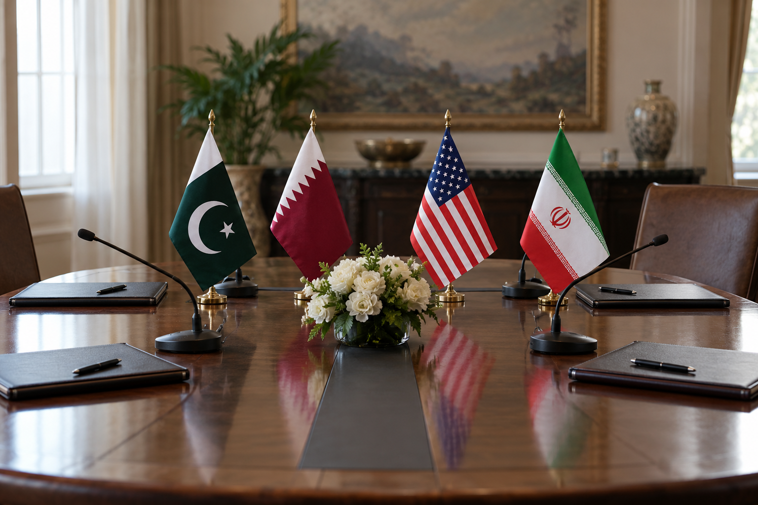 Imagen generada con IA con fines ilustrativos. Mesa de negociación vacía y banderas de Pakistán, Qatar, Estados Unidos e Irán; no muestra Bürgenstock ni una reunión celebrada.