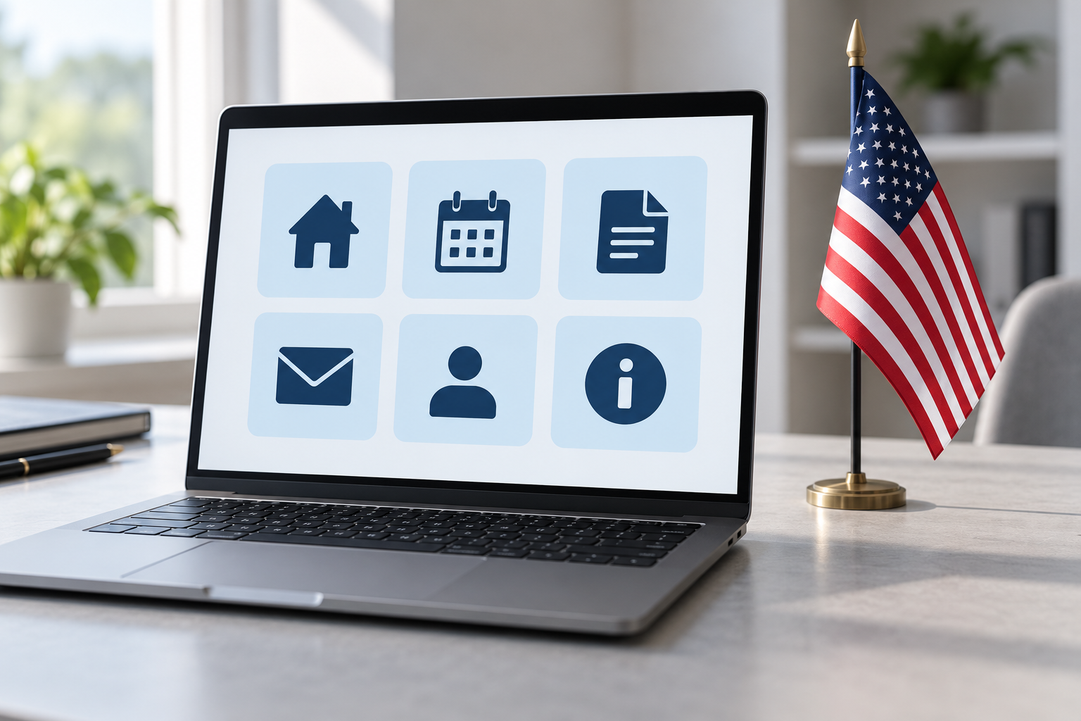 Imagen generada con IA con fines ilustrativos. Bandera estadounidense y ordenador con iconos ficticios de servicios como concepto de gobierno digital; no es una captura de America.gov ni prueba que la integración esté concluida.