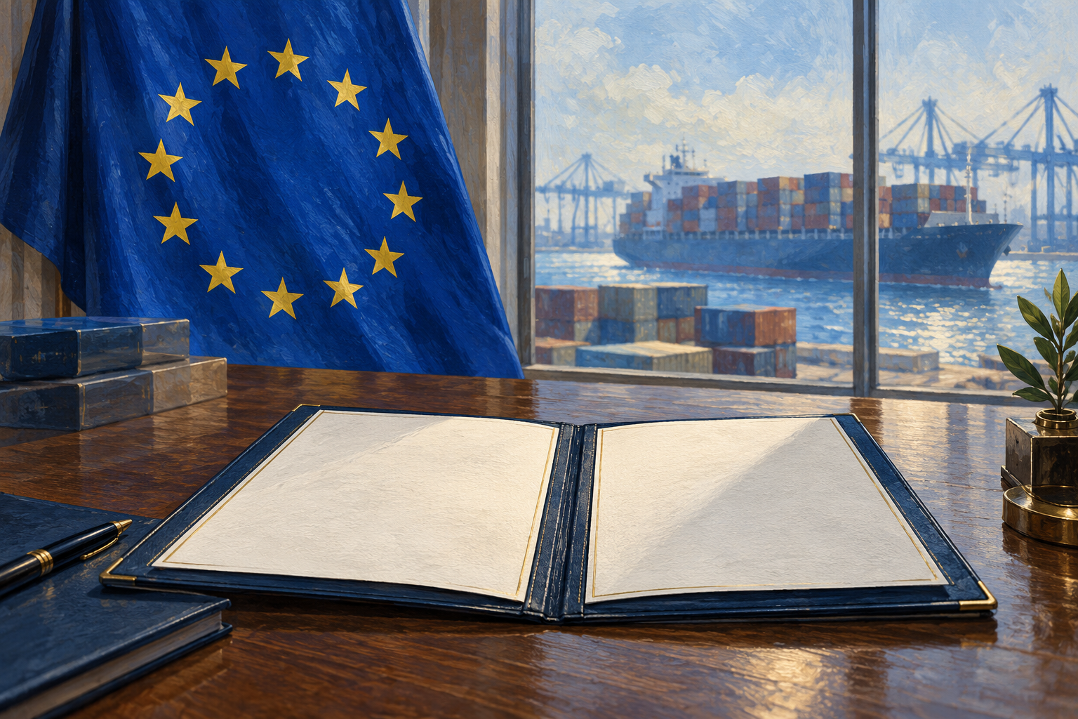 Imagen generada con IA con fines ilustrativos. Cierre de las negociaciones comerciales entre Australia y la Unión Europea. Composición conceptual; no muestra una reunión, una decisión documentada ni un hecho real de 2026.