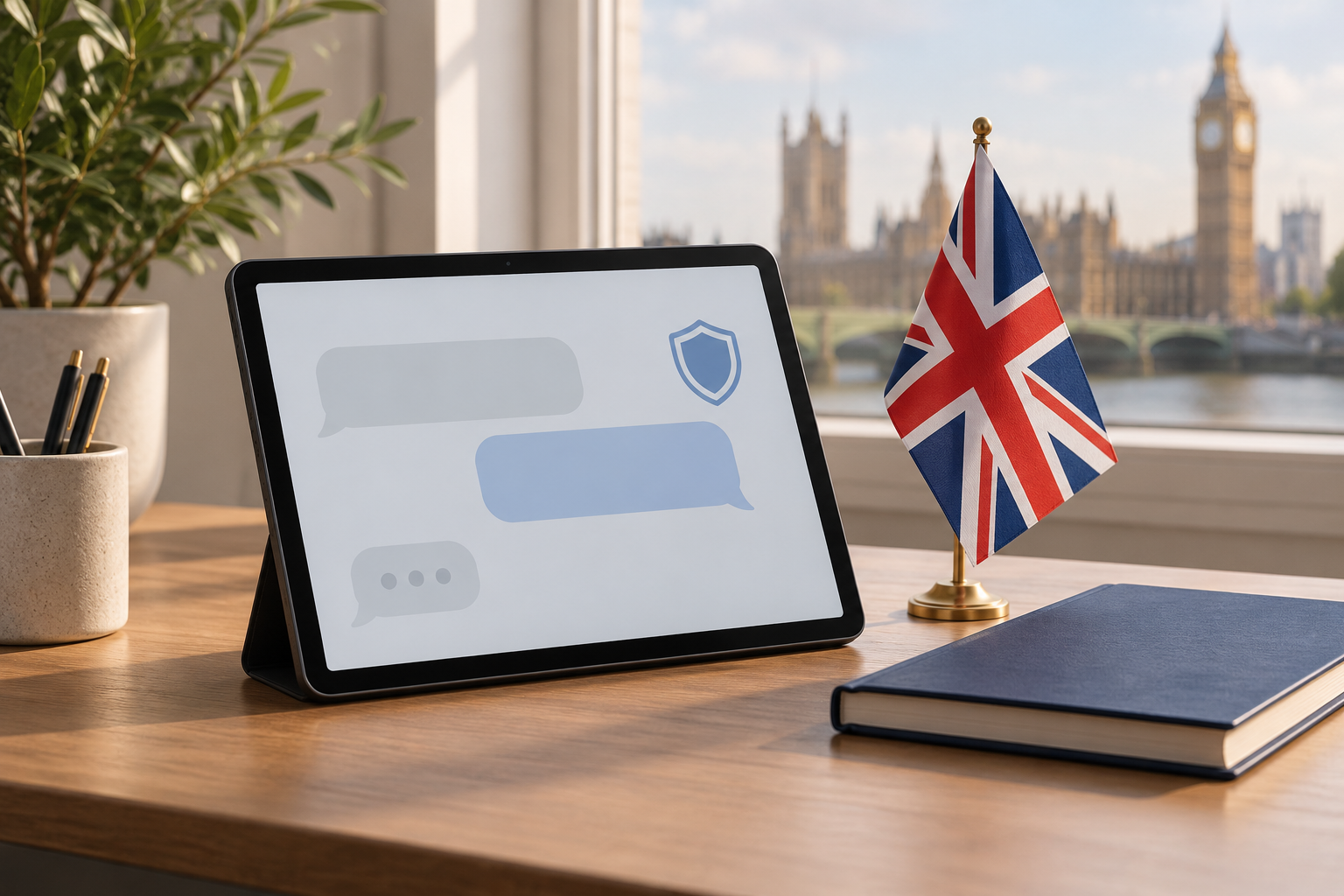 Imagen generada con IA con fines ilustrativos. Tableta con una interfaz de conversación ficticia, símbolo protector y bandera británica como concepto de regulación de chatbots; no muestra una aplicación real ni un texto legal aprobado.
