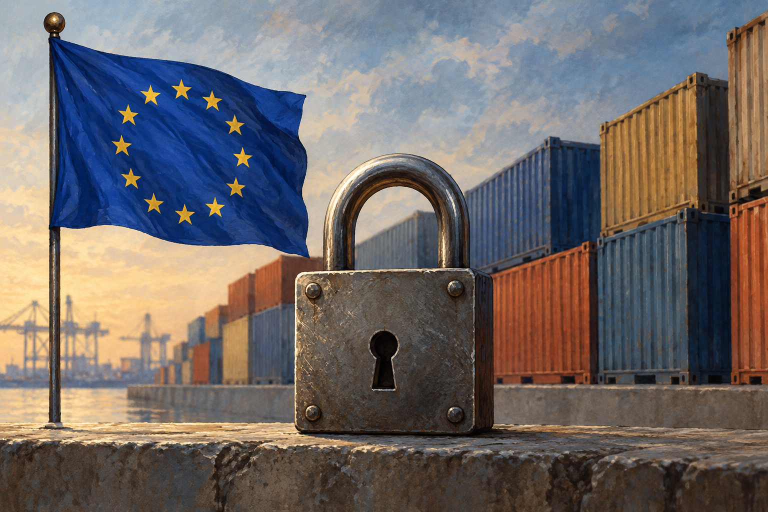 Imagen generada con IA con fines ilustrativos. Incorporación europea de la Guardia Revolucionaria iraní a su régimen de restricciones. Composición conceptual; no muestra una reunión, una decisión documentada ni un hecho real de 2026.