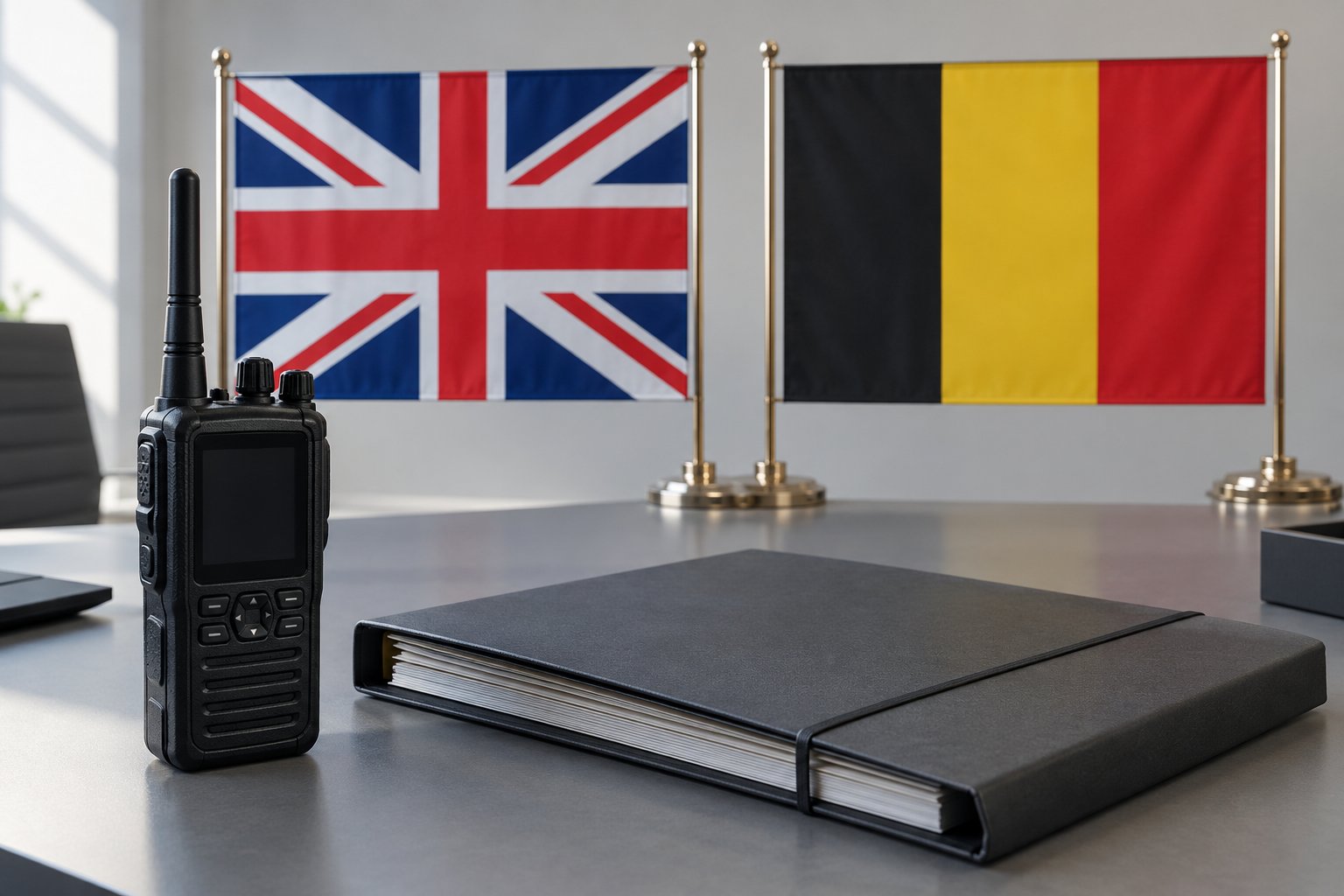 Imagen generada con IA con fines ilustrativos. Banderas británica y belga, radio y carpeta de intercambio sin datos como concepto de cooperación policial; no muestra la firma ni una operación real.
