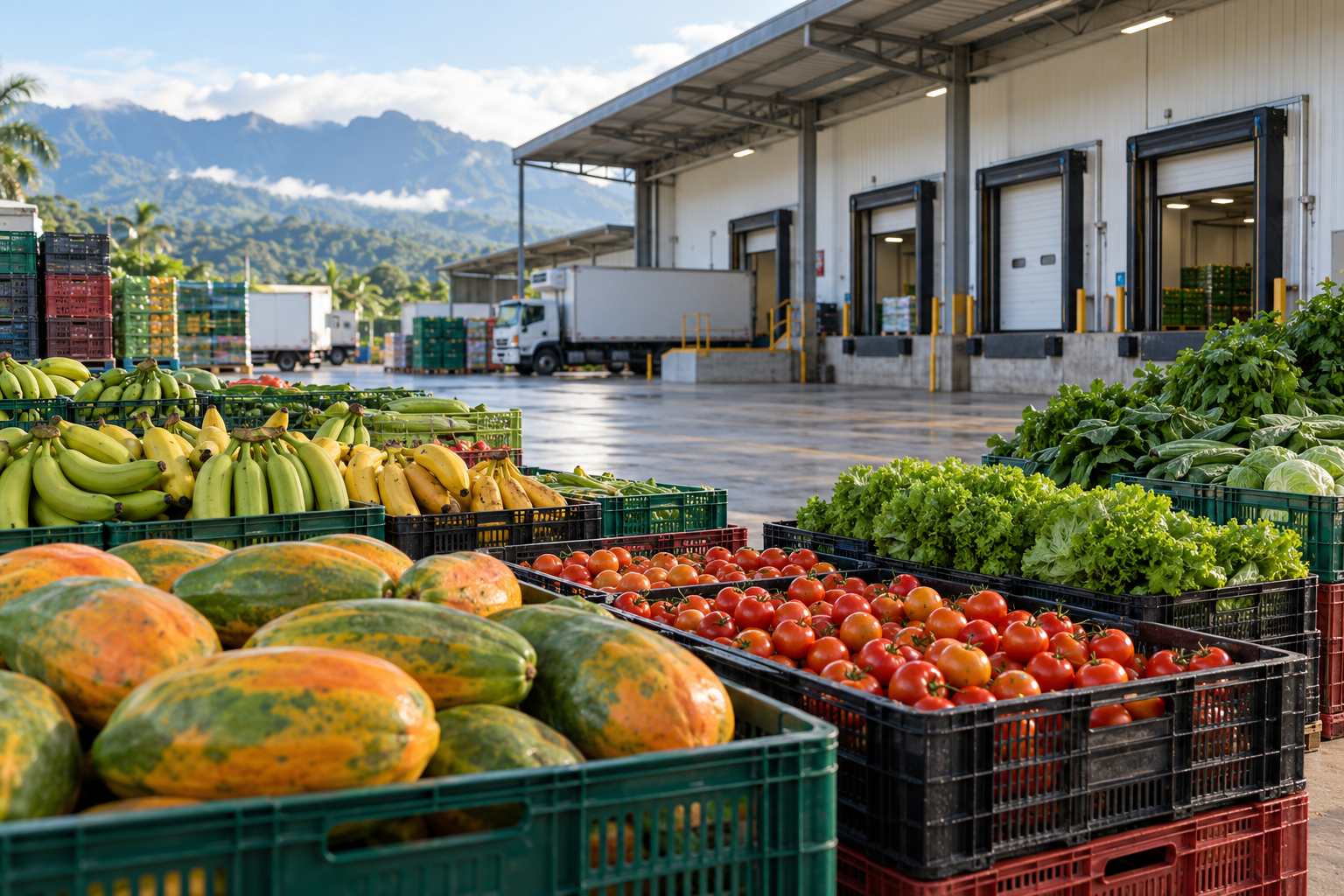 Imagen generada con IA con fines ilustrativos. Mercado mayorista y almacenamiento refrigerado conceptuales; no representa una instalación real del PIMA.