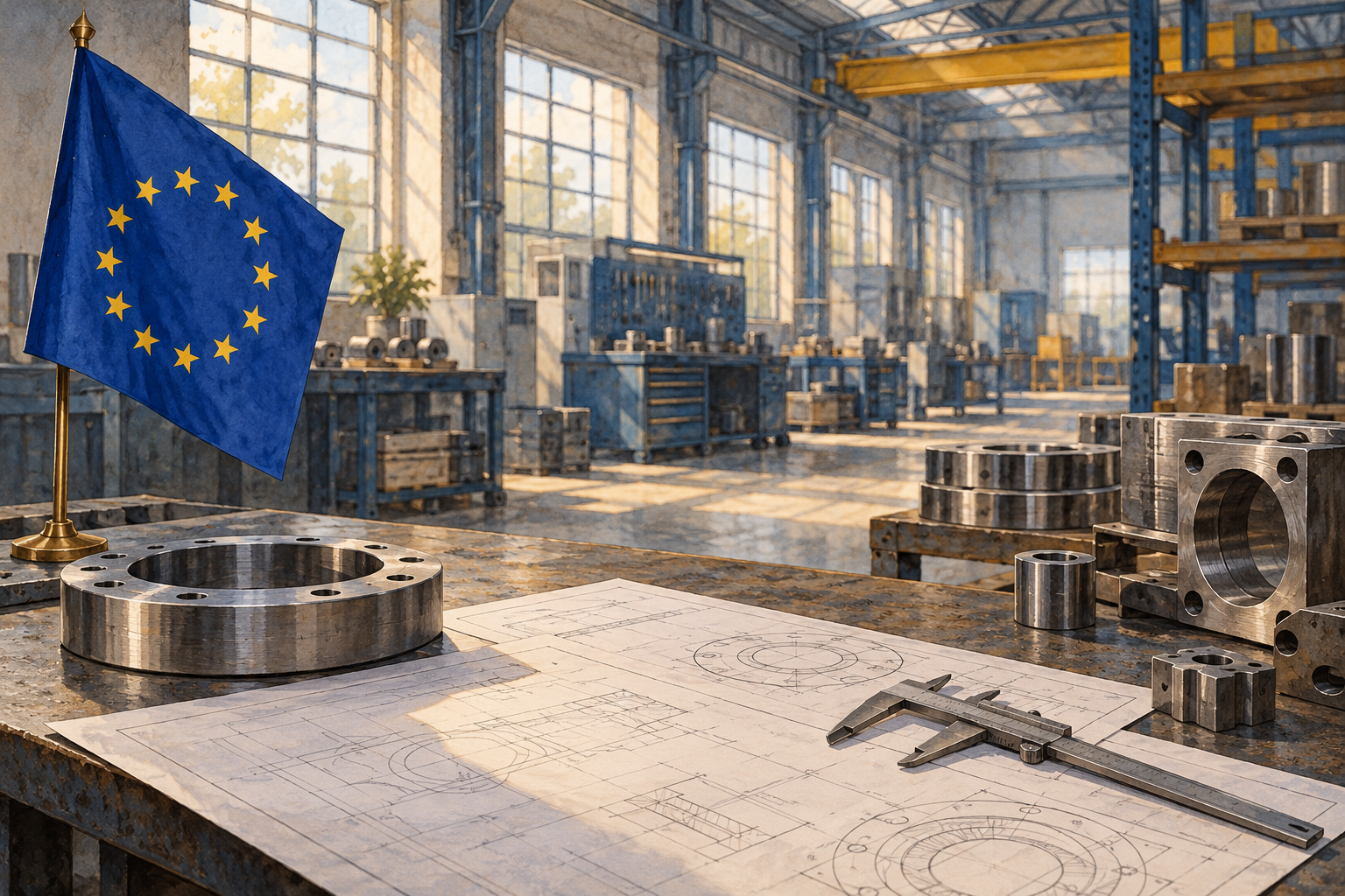 Imagen generada con IA con fines ilustrativos. Taller industrial conceptual con símbolo europeo; no muestra una fábrica, arma o contrato concreto.