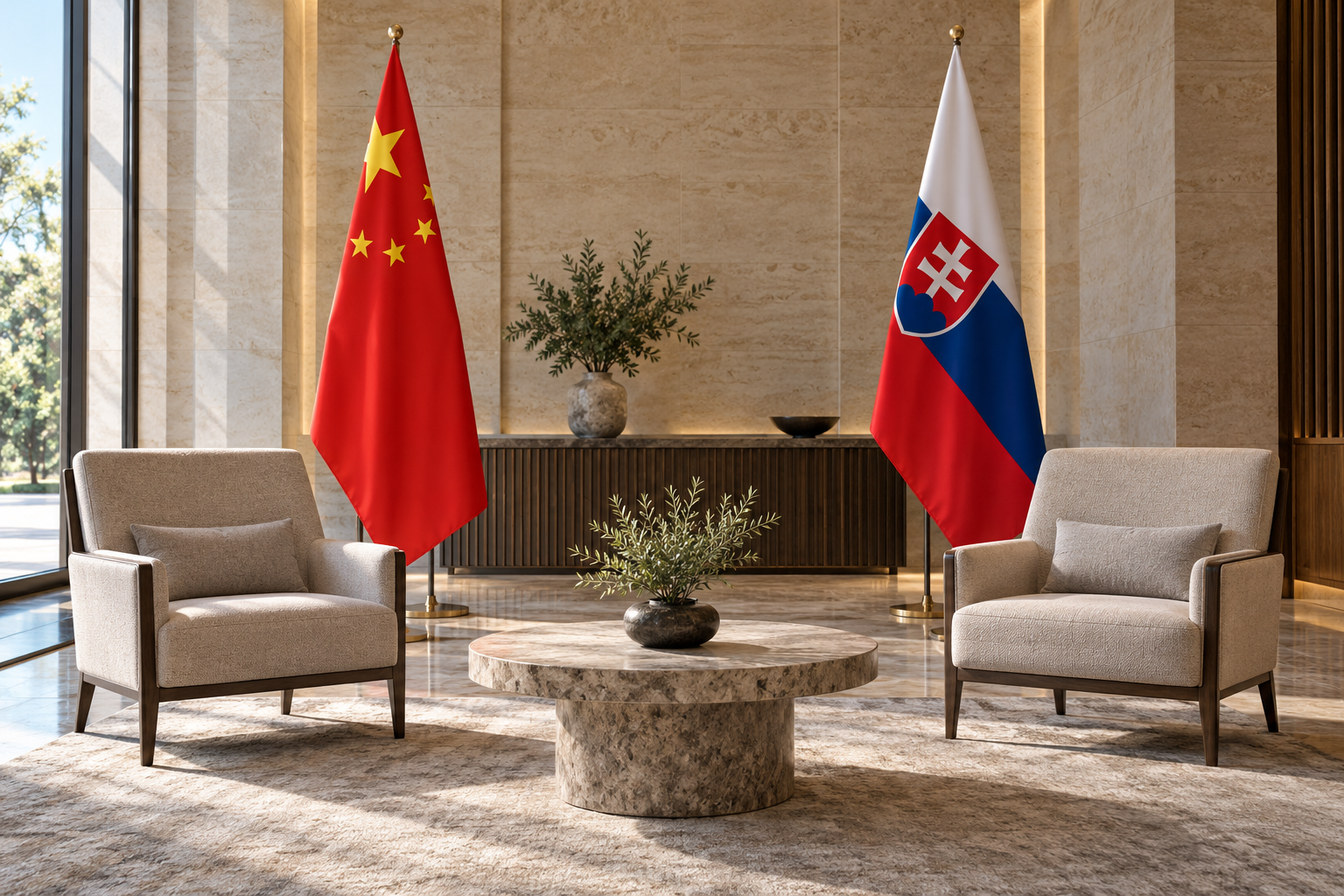 Imagen generada con IA con fines ilustrativos. Banderas de China y Eslovaquia y dos asientos vacíos como concepto de diálogo estratégico; no representa la reunión real ni un acuerdo firmado.