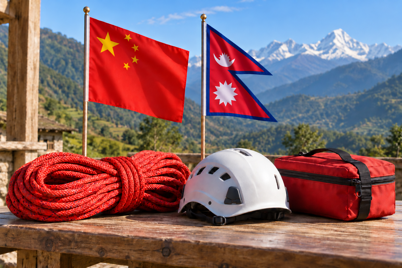 Imagen generada con IA con fines ilustrativos. Banderas de China y Nepal junto a cuerda, casco y suministros de rescate genéricos; no muestra víctimas, el desastre ni una operación real.