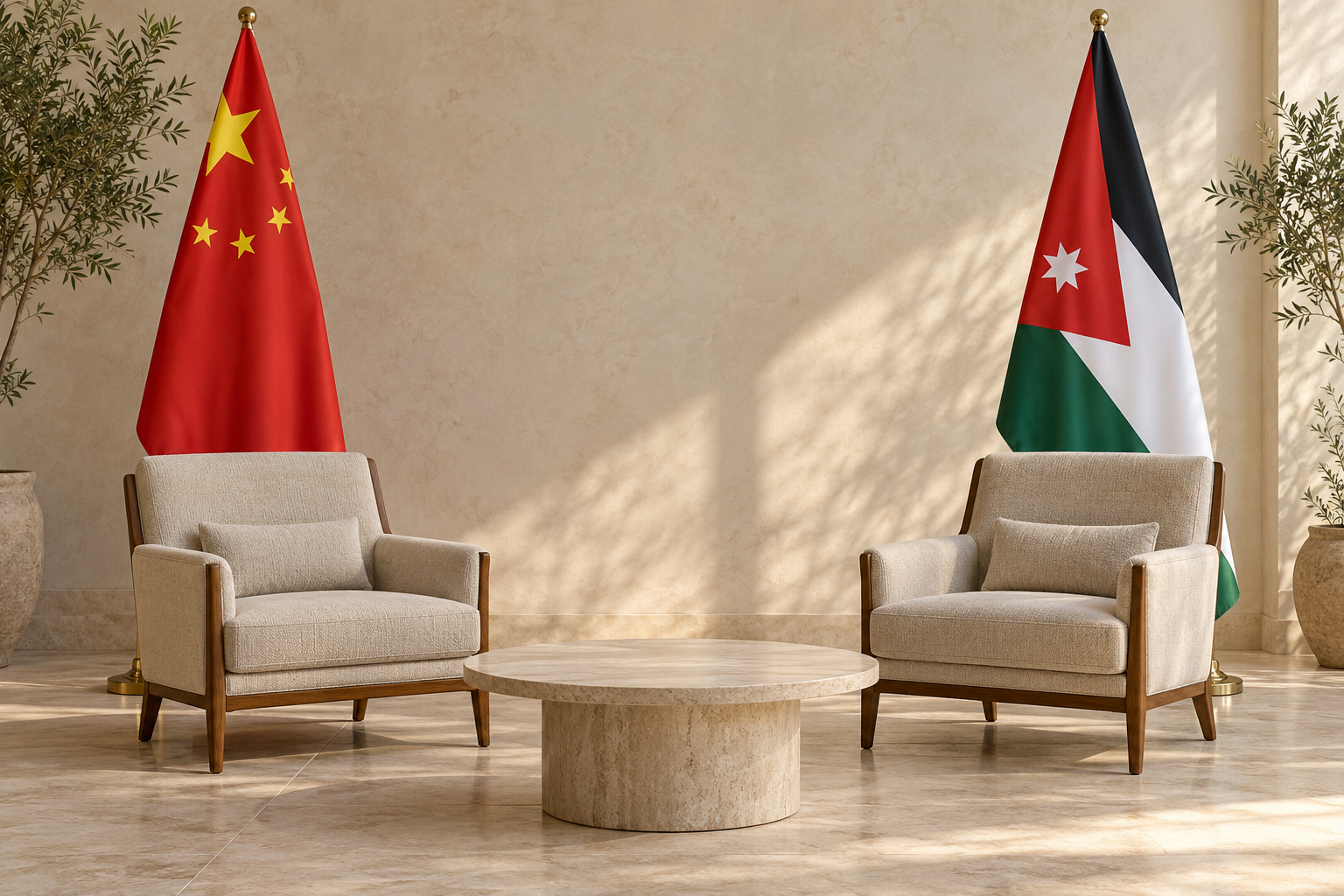 Imagen generada con IA con fines ilustrativos. Banderas de China y Jordania junto a sillas vacías como concepto de cooperación diplomática; no representa la reunión ni dibuja fronteras.