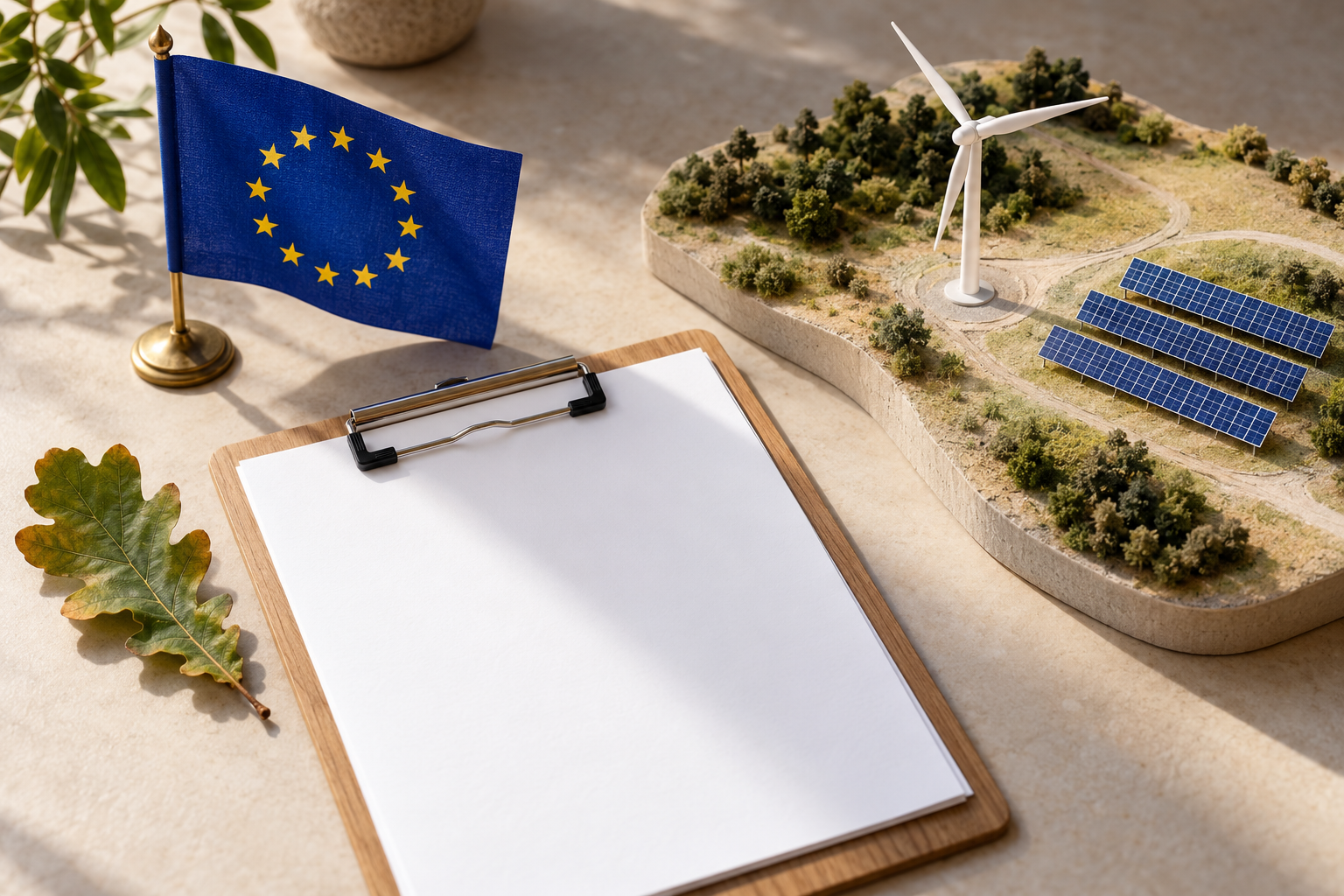 Imagen generada con IA con fines ilustrativos. Bandera europea, hojas de evaluación vacías, hoja natural y modelo energético genérico como concepto de evaluación ambiental; no reproduce permisos ni proyectos aprobados.