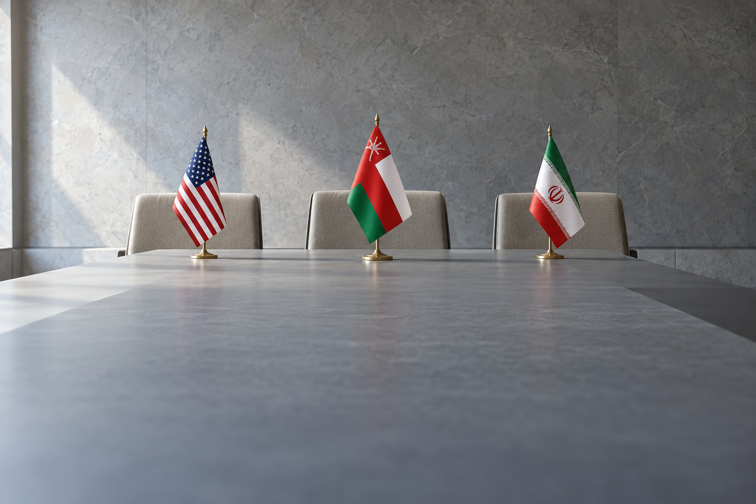 Imagen generada con IA con fines ilustrativos. Mesa y sillas vacías con banderas de Omán, Estados Unidos e Irán como concepto de una nueva ronda negociadora; no muestra la sala de Ginebra ni una reunión celebrada.