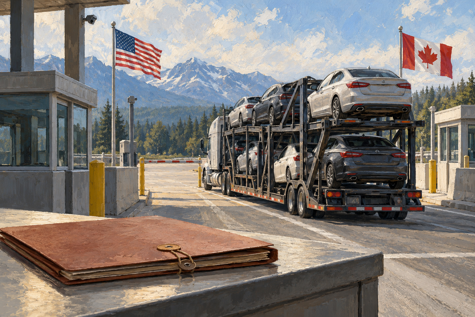 Imagen generada con IA con fines ilustrativos. Aplazamiento del recargo estadounidense a productos canadienses vinculado a la disputa automotriz. Composición conceptual; no reconstruye una reunión, un documento firmado ni una operación real.