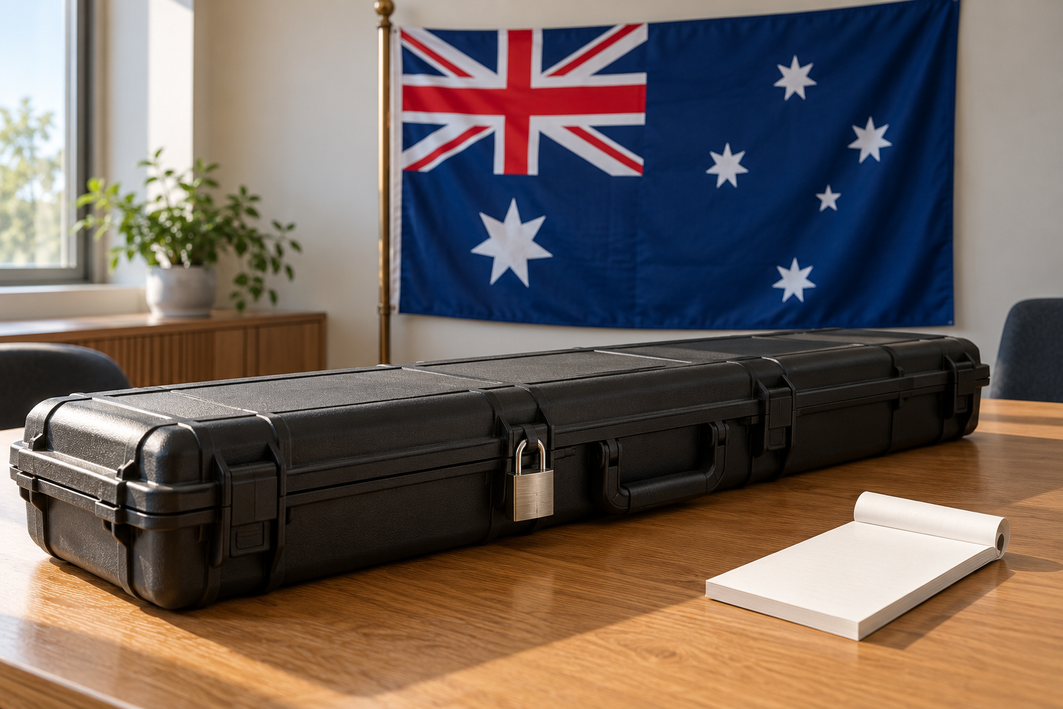 Imagen generada con IA con fines ilustrativos. Bandera australiana y estuche de almacenamiento completamente cerrado con candado como concepto de política de recompra; no muestra armas, una entrega ni pagos reales.