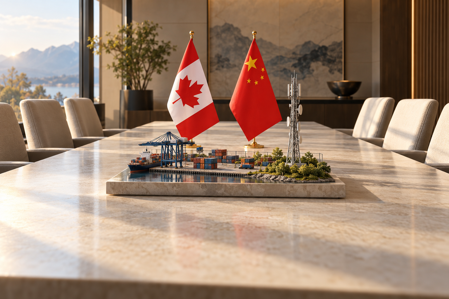 Imagen generada con IA con fines ilustrativos. Banderas de Canadá y China en una sala vacía, con miniaturas genéricas de infraestructura como contexto de cooperación; no representa la reunión ni inversiones o tratados nuevos.
