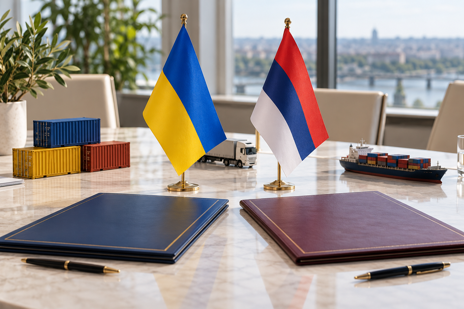 Imagen generada con IA con fines ilustrativos. Banderas de Ucrania y Serbia, carpetas cerradas y contenedores en miniatura como concepto de cooperación bilateral; no representa la reunión ni un tratado firmado.