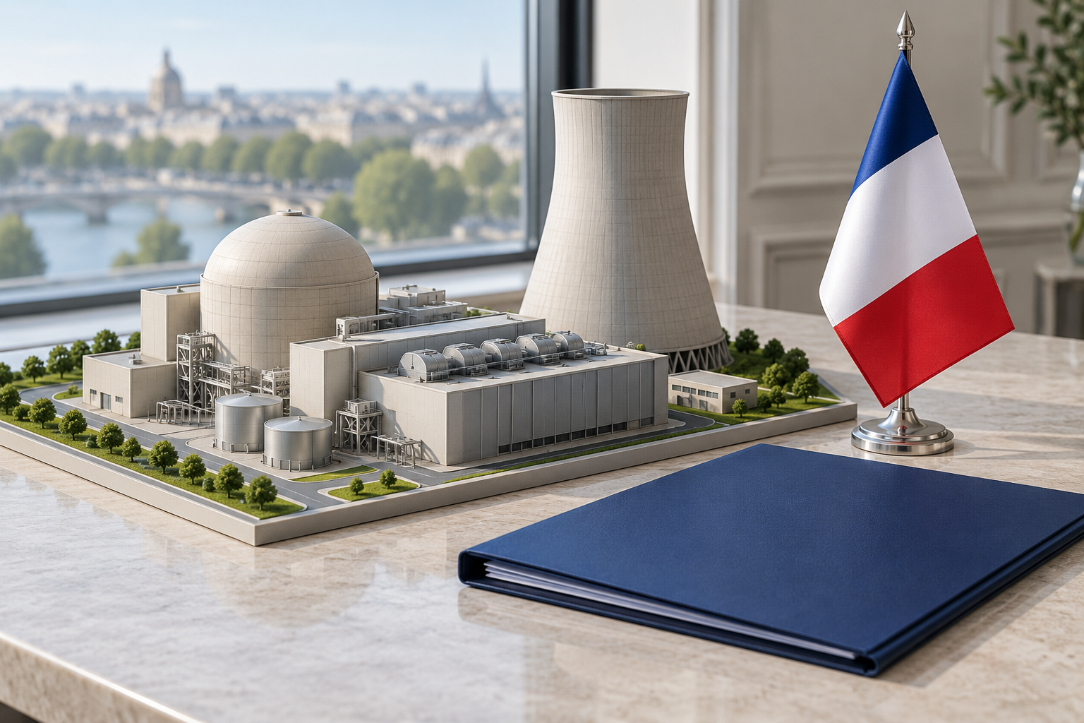 Imagen generada con IA con fines ilustrativos. Maqueta de una central nuclear civil, carpeta cerrada y bandera francesa como concepto de financiación energética; no muestra una central, un proyecto ni un acuerdo reales.
